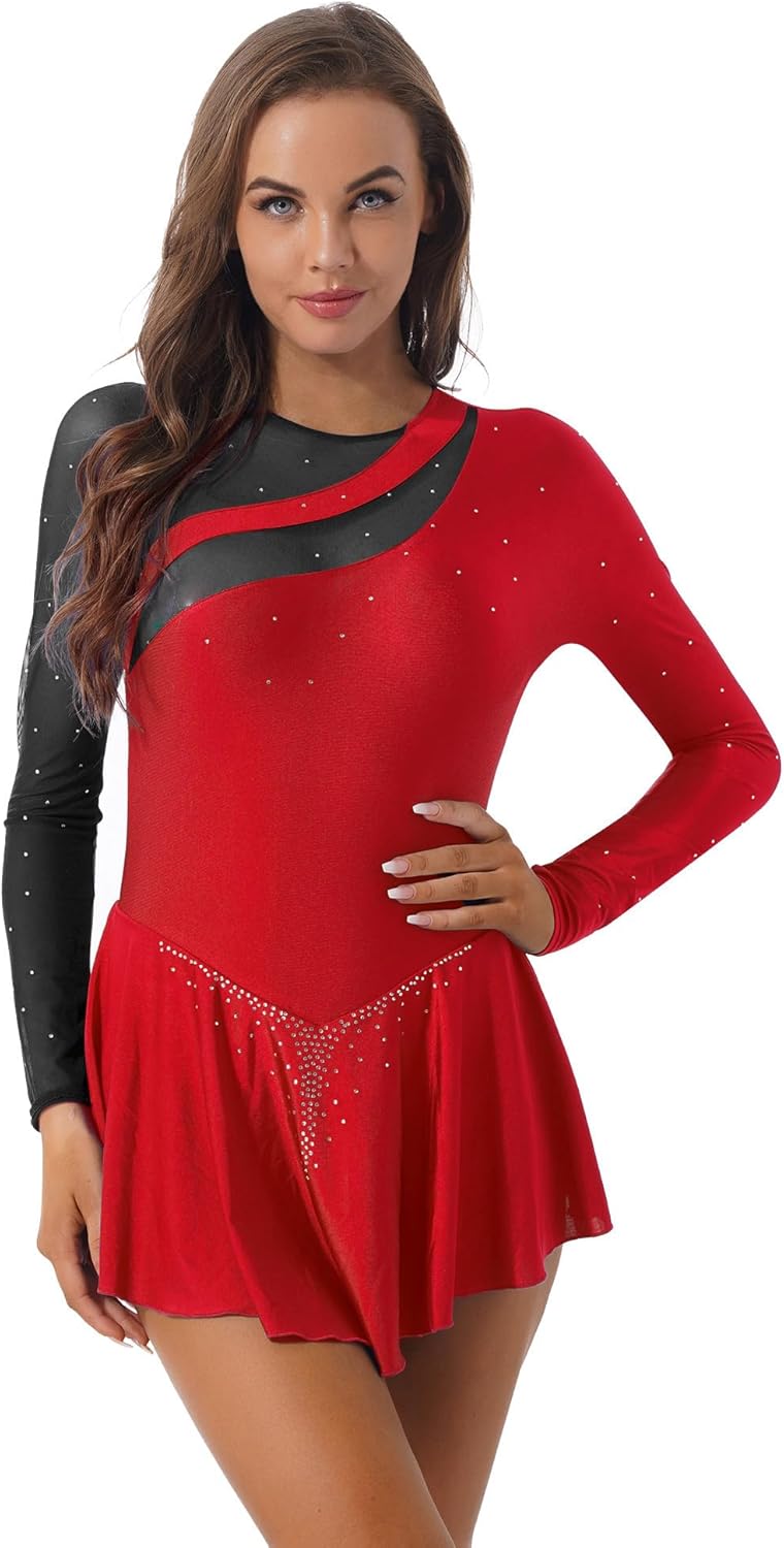 DPois Femme Robe De Patinage Artistique Manches Longues Justaucorps Gymnastique Strass Robe Danse Latine Costume Jazz Moderne Contemporaine S-XL Noir L