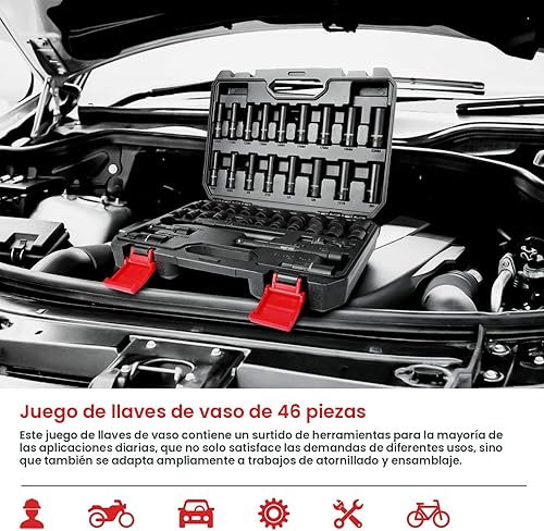 Miniatura 7 de Eastvolt Kits de herramientas mecánicas juego de llaves de transmisión juego de 46 piezas con trinquete reversible de 72 dientes métricoSAE ASK06