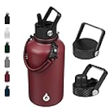 Half Gallon Insulated Water Bottles with Straw Lid, 64oz Large Water Jug, Stainless Steel Bottles with 3 Lids and Paracord Handle, Thermo for Hot & Cold Liquid, Brick Red