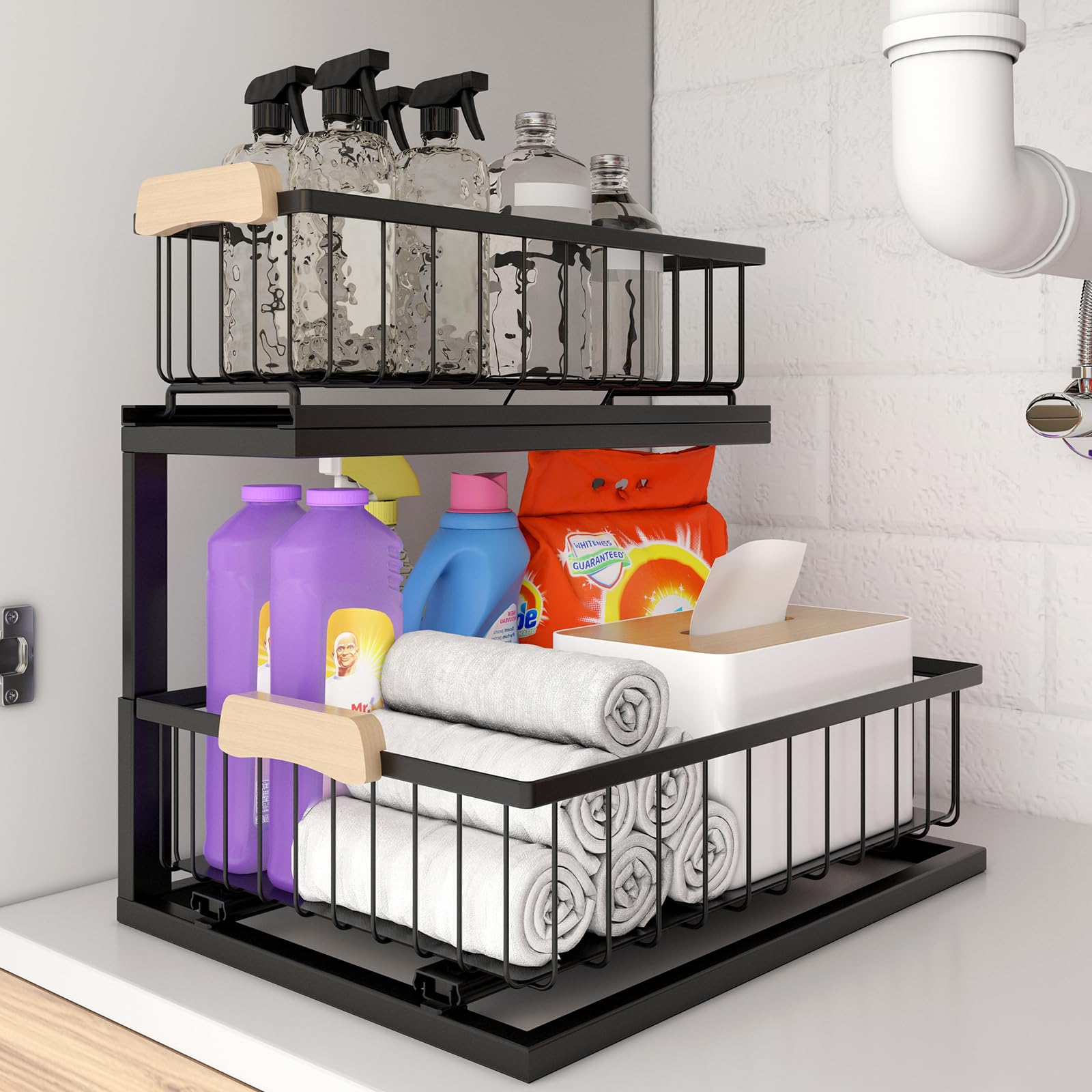 QINFZY 2-Tier Under Sink Organizer, L-Shaped Sliding Multi-Purpose Cabinet Basket Organizer for the Bathroom and Kitchen - Black Metal Pull Out Cabinet Organizer