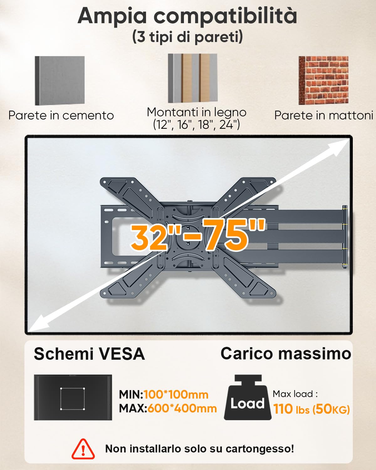 FORGING MOUNT Supporto TV Parete con Braccio Extra Lungo 1220mm per Schermi piatti/curvi da 26-75 Pollici fino a 50 kg, Staffa TV Girevole Inclinabile Orientabile, Max VESA 600 x 400mm