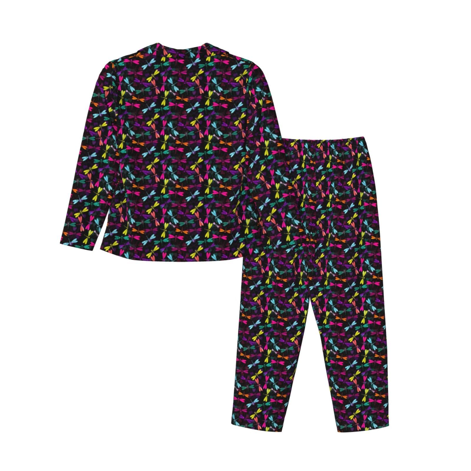 Pigiama da donna a maniche lunghe con stampa libellula carina set pigiama morbido lounge pigiameria fine notte fine settimana, Nero , L