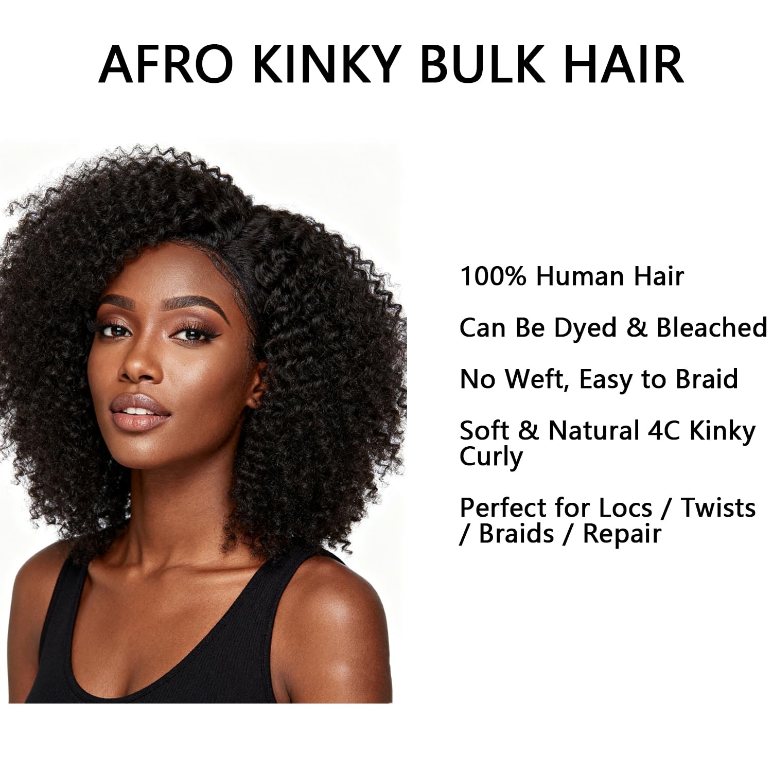 Afro Kinky Bulk Human Hair 10 Inch 50g 4C Crochet Braiding Hair Pre-looped Curly Hair for Braiding Mini Twist Dreadlocks Extensions Protective Hairstyles (10inch,1B)