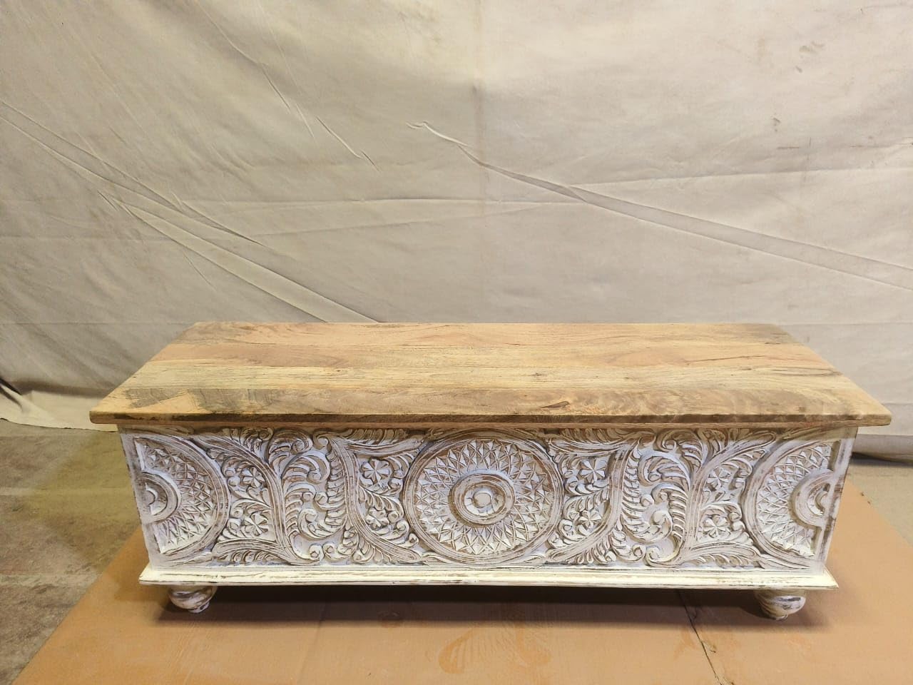 Solid Mango Wooden Handcarved Storage Trunk | Center Table with Storage Box For Living room, Bedroom & Home, White Finish, (120 x 40 x 45 cm)-image-43