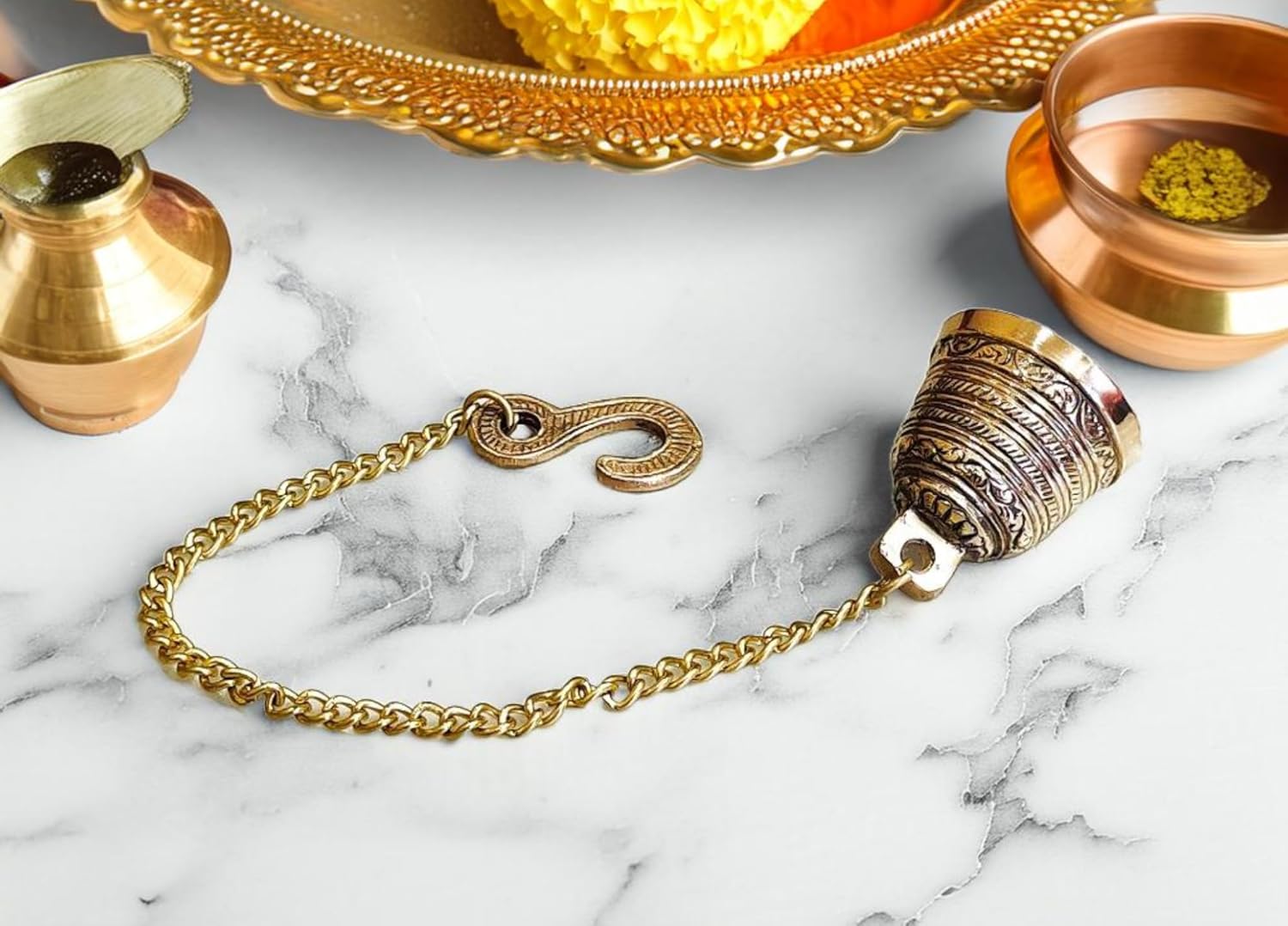 Brass Gold Wall Hanging Bell with Chain and Hanging Hook for Home Mandir Temple Decorative I Puja Room (Gold,Pack of 1)