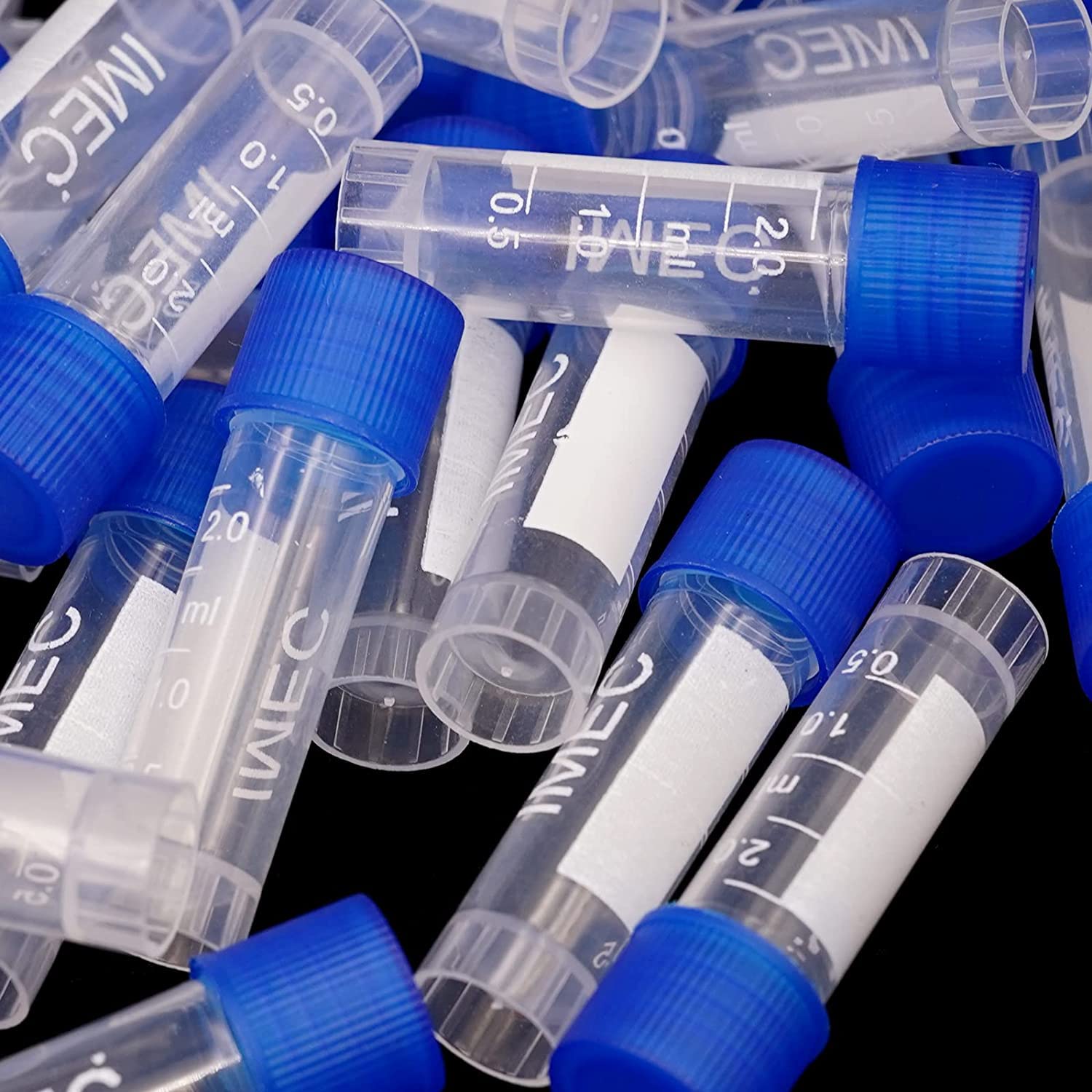 HUAZIZ 100 Piezas 2 Ml Tubos de Ensayo Plástico, Tubo Criogénico, Vial con Tapa de Tornillo Azul para Laboratorio