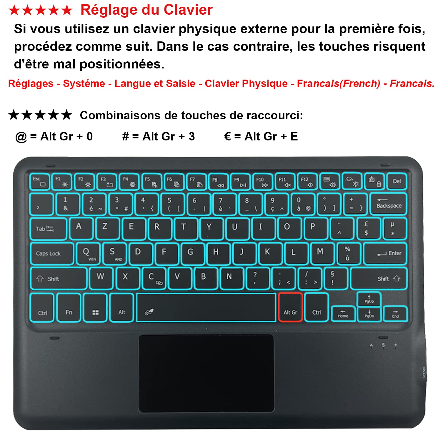 Rétroéclairé Clavier Coque pour Honor Pad 8 Tablette 12 Pouces, Smart Touchpad, AZERTY Français Amovible Bluetooth sans Fil Clavier avec Housse Étui Premium en Cuir PU (Honor Pad 8)