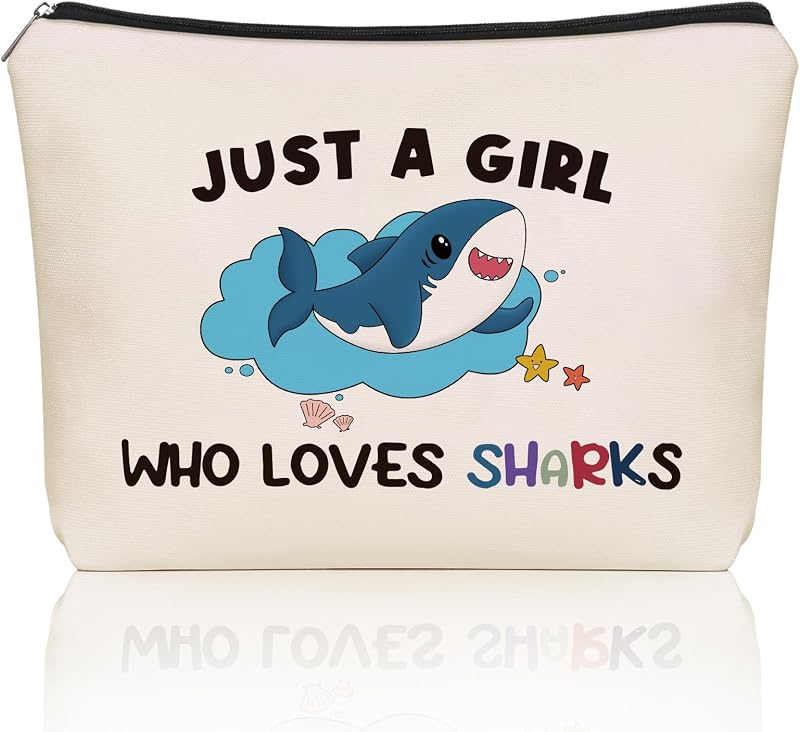 Necessaire de maquiagem Girlly com estampa de tubarão, 20,07 cm x 16,? cm x 0,51 cm