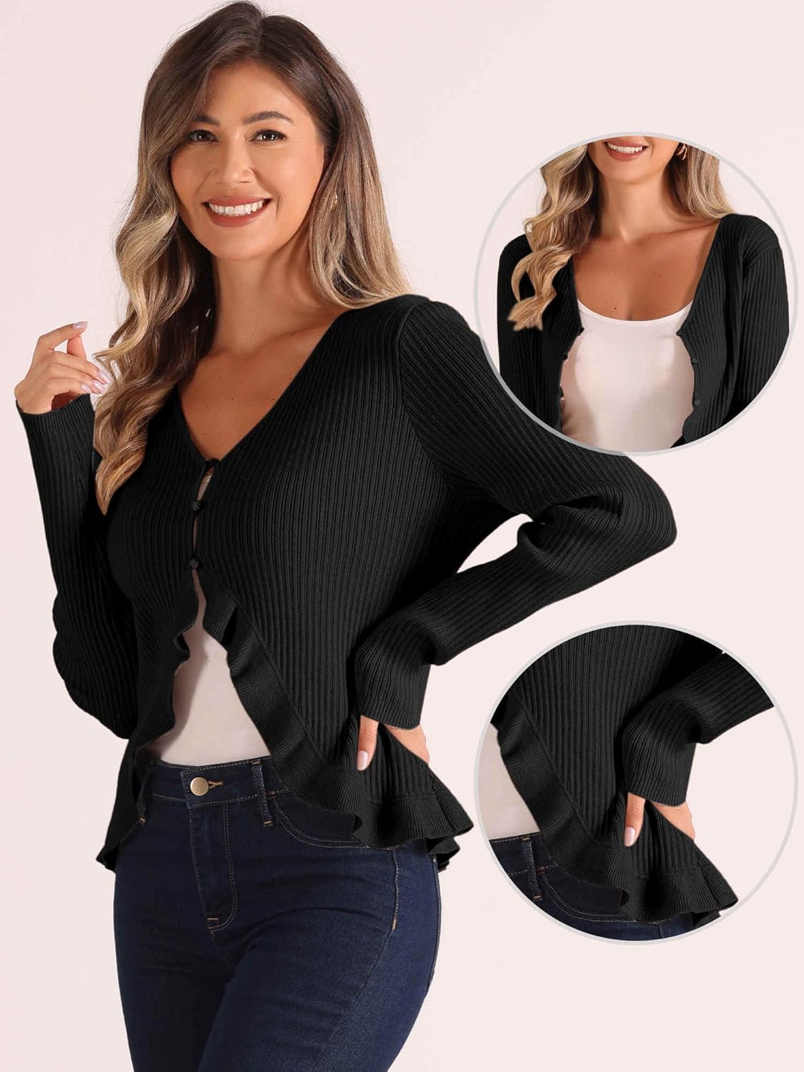 Allegra K Ruffle Cardigan for Women's V Neck Long Sleeve Open Front Sweater Knit Bolero Shrugs - Image 4