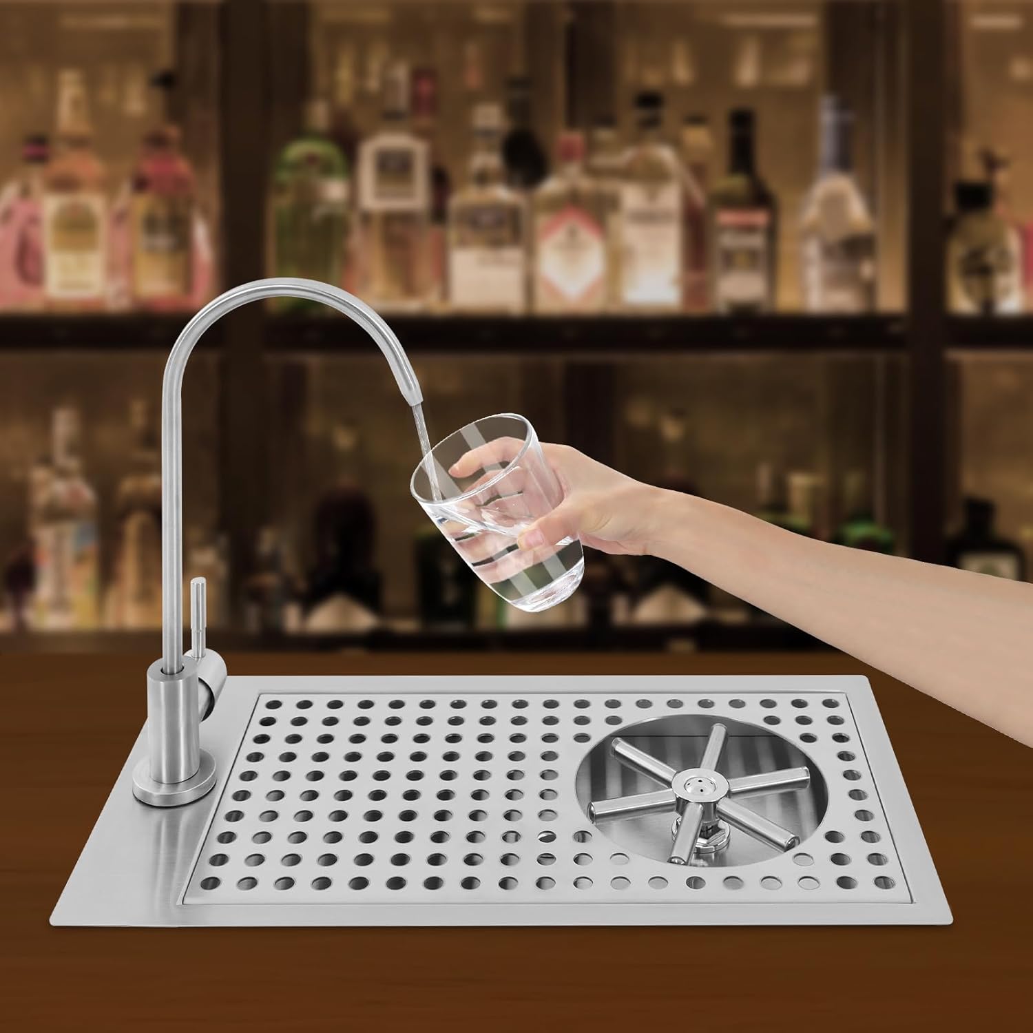 Commercial Glass Washer Sink, 304 Stainless Steel Undercounter Cup Rinser, Manual Drop-in Bar Sink with Cleaning Faucet, for Home Bar, Pub, Restaurant