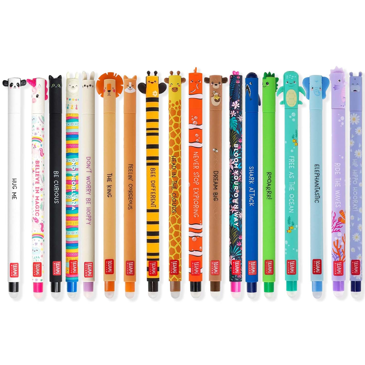 Legami - Set di 5 penne gel cancellabili con inchiostro cancellabile termosensibile - Dino (verde) - Tigre (arancione) - Shark (blu) - Piggy (rosa)- Bear (blu)