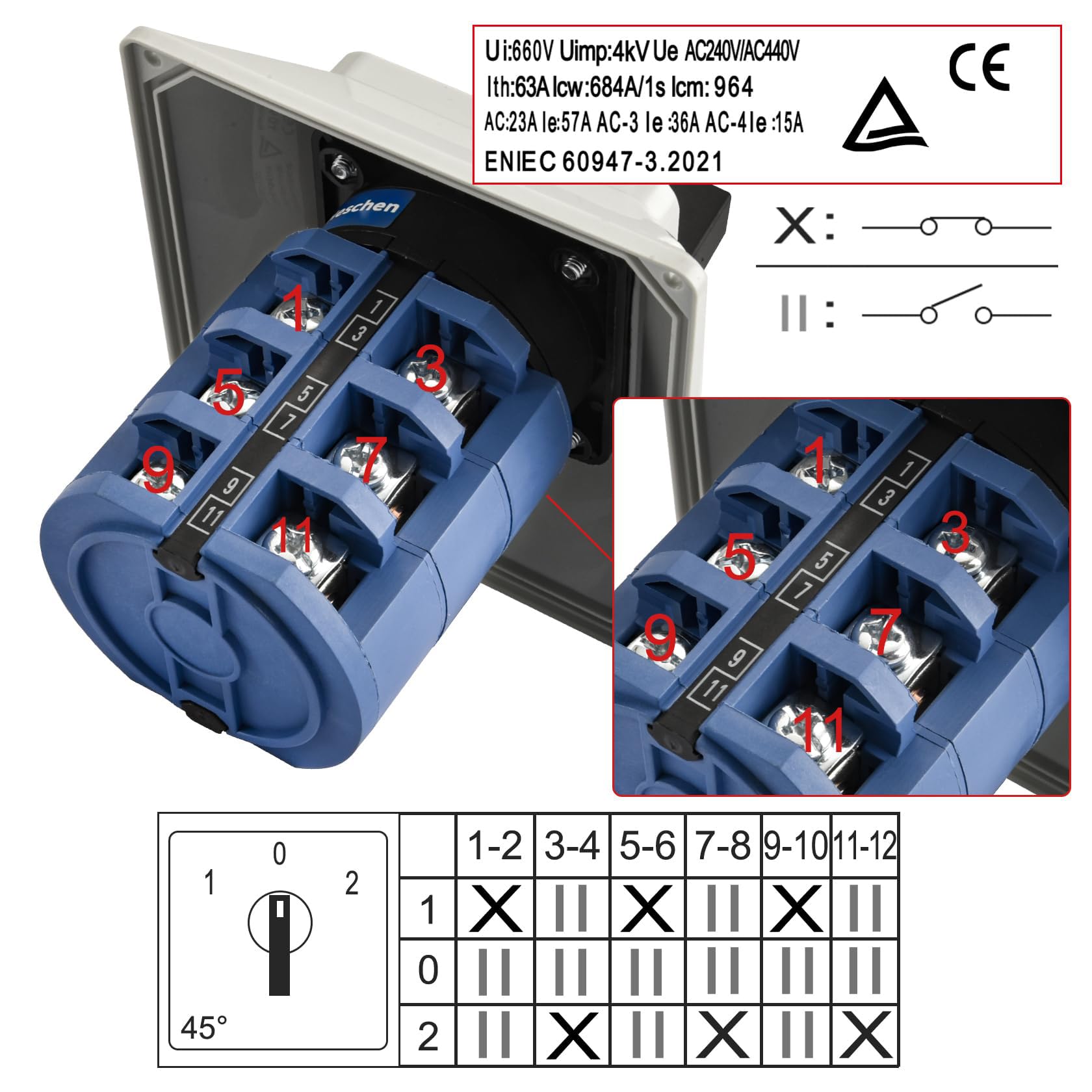 Heschen Interruptor de cambio de selector de leva giratorio universal, SZW26-63/D303.3D, 660V 63A, ON-OFF-ON 3 posiciones, 3 fases 12 terminales, con caja exterior de interruptor maestro