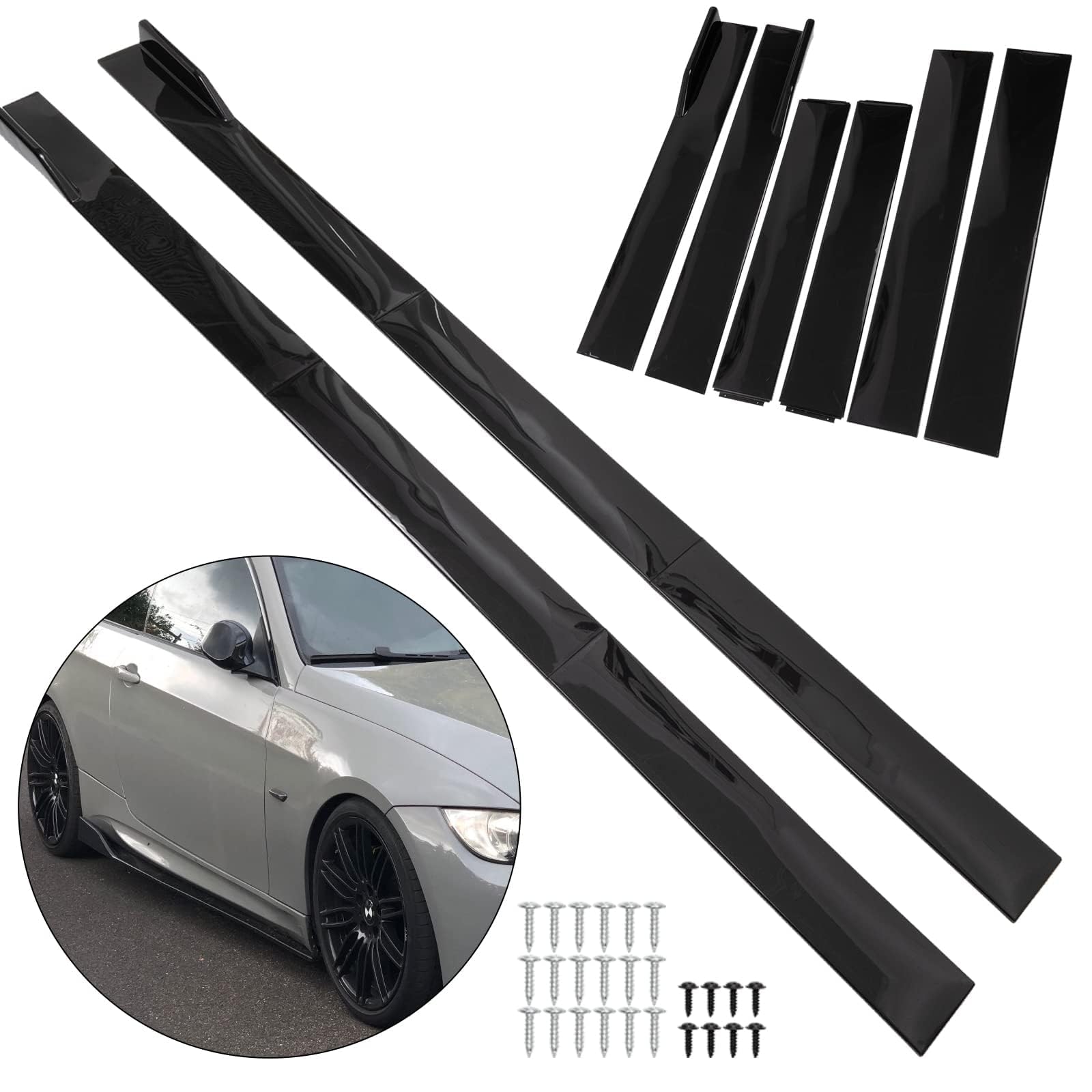 AUTOXBERT 2.2m Faldas Laterales Universales de Coche de Extensión de Panel de Balancín de Labio de Divisor Negro Brillante, Extensión de Faldas Laterales Universales de Panel de Balancín
