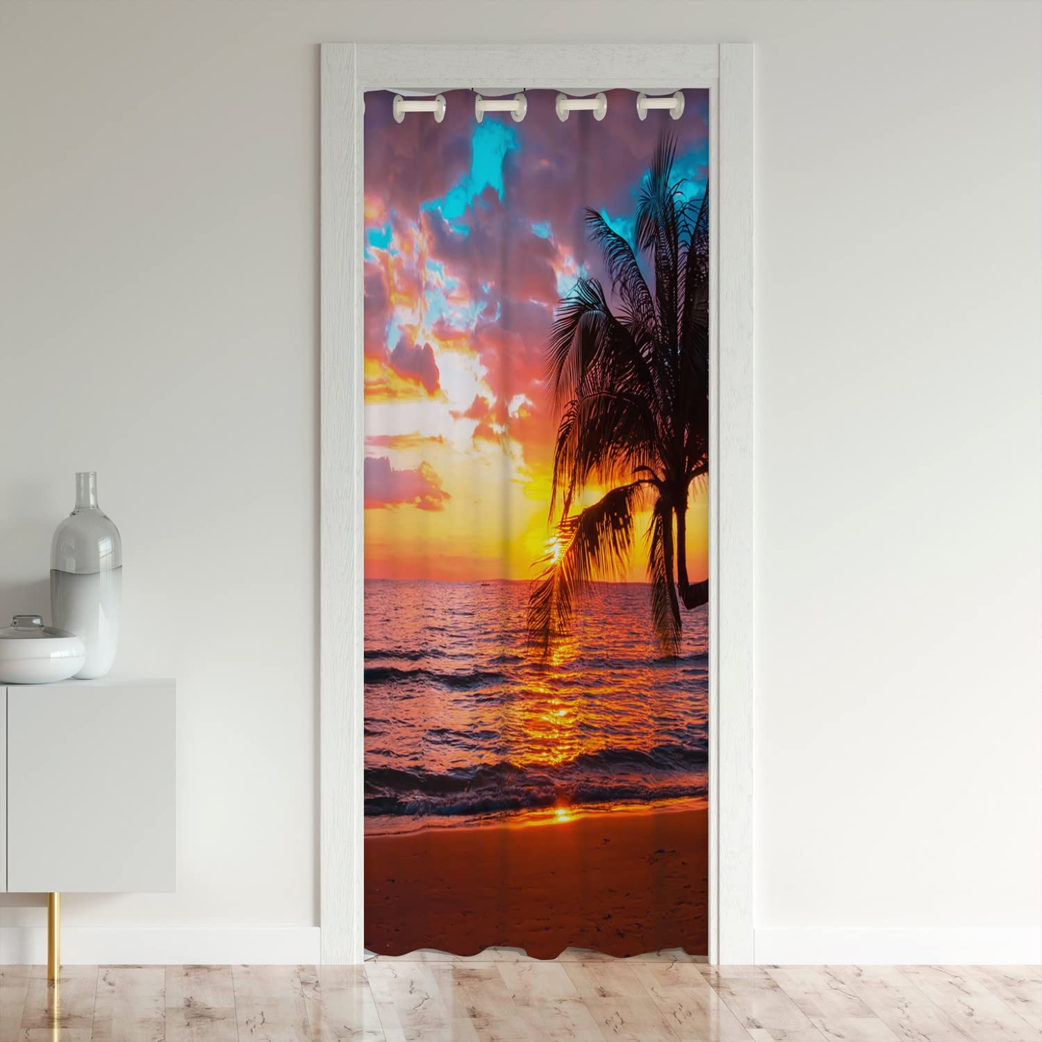 Loussiesd Ocean Beach Doorway Curtain - Hawaiian Palm Tree Insulated Thermal Privacy Door Cover for Decor - Tropical Sea Sunset Carpet Closet - 132x203cm 1 Panel