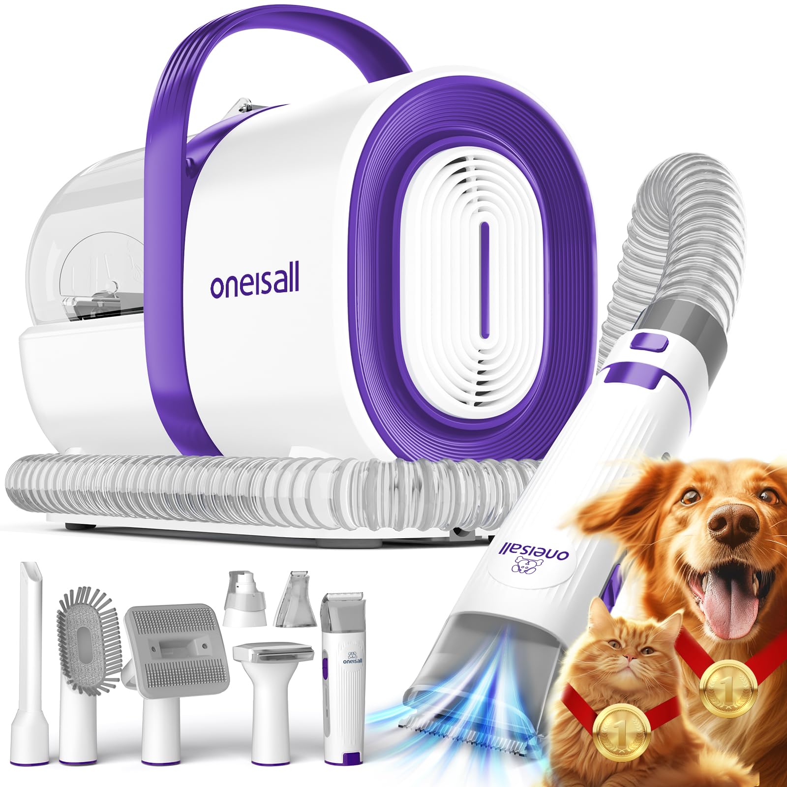 oneisall Dog Grooming Vacuum, Pet Grooming Vacuum with Clipper Nail Grinder, 1.5L Dust Cup Dog deshedding Vacuum Brush with 7 Pet Grooming Tools for Shedding Pet Hair, Home Cleaning(Purple)