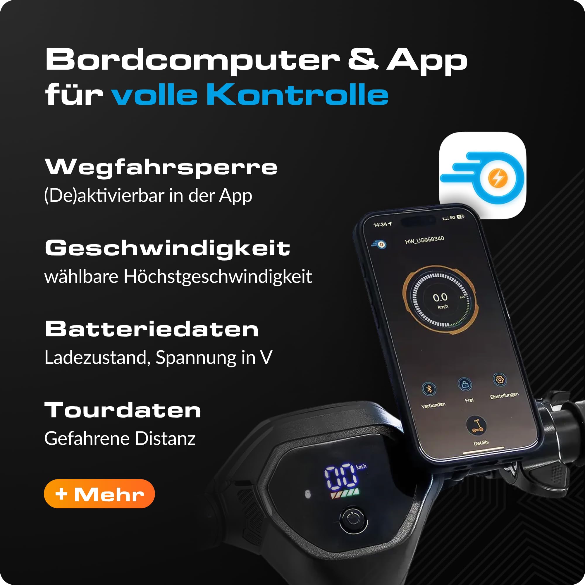 ePowerFun ePF-2 PRO 653W | E-Scooter Straßenzulassung | 80km Reichweite | 45 km Reichweite, 1200 W Peak, 500 W Heckantrieb, 9 Zoll Luftreifen, Blinker vorn + hinten, App-Wegfahrsperre, IP65