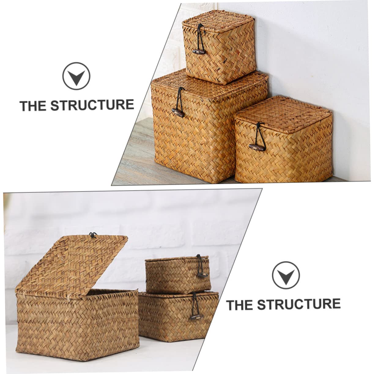 Panier de Rangement Tressé en Paille 3 Pièces, Khaki, Vintage