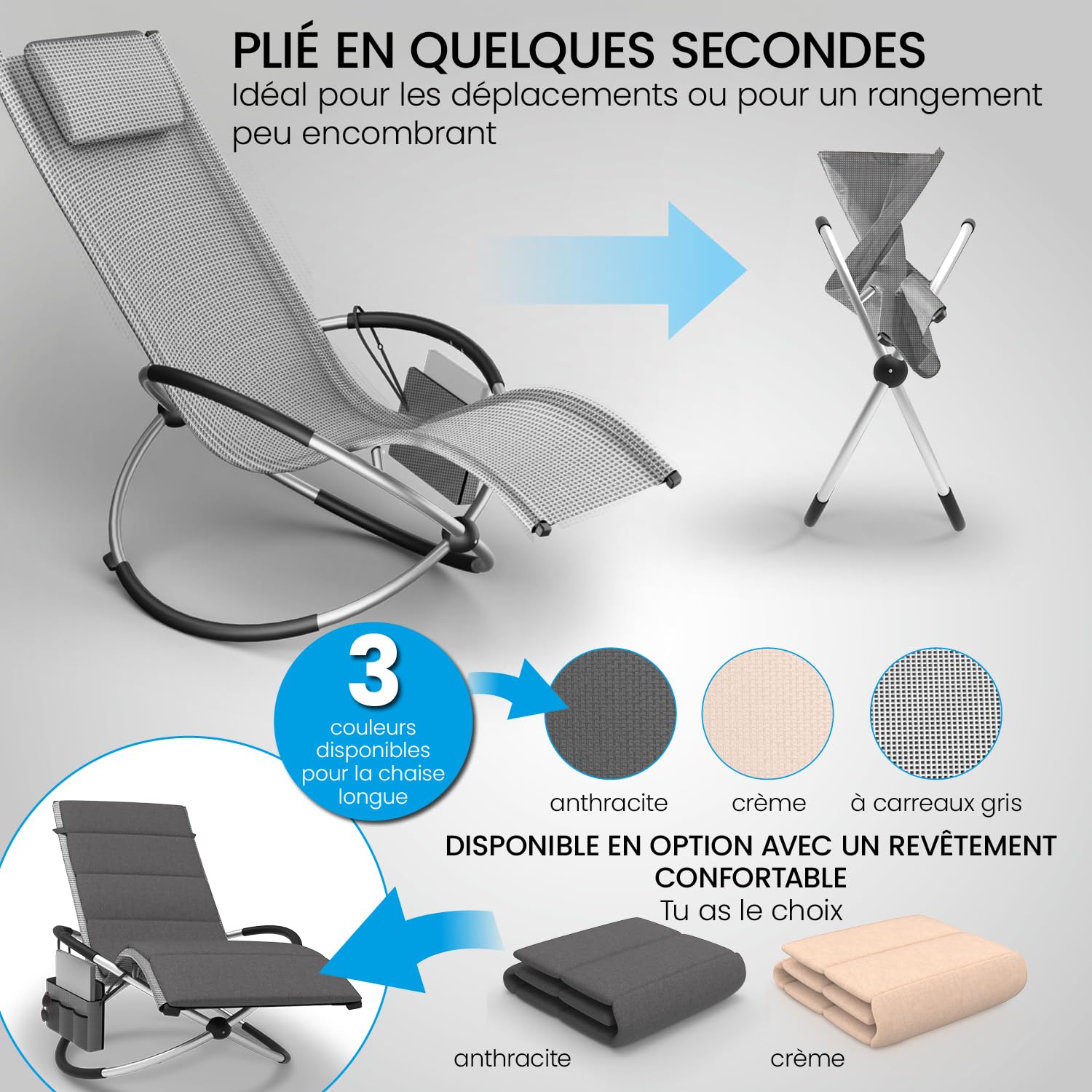 ELONEO Chaise Longue à Bascule Extérieure avec Pochette, Relax Fauteuil Jusqu’à 180 kg, Transat Bascule Jardin Résistant aux Intempéries, Bain de Soleil Balcon et Terrasse, à Carreaux Gris