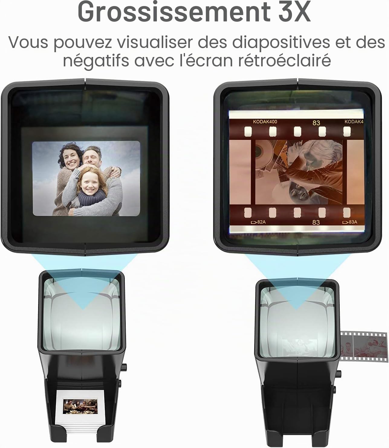 DigitConvert Visionneuse de diapositives 35 mm, grossissement x3, alimentation USB/piles (4 AA incluses)