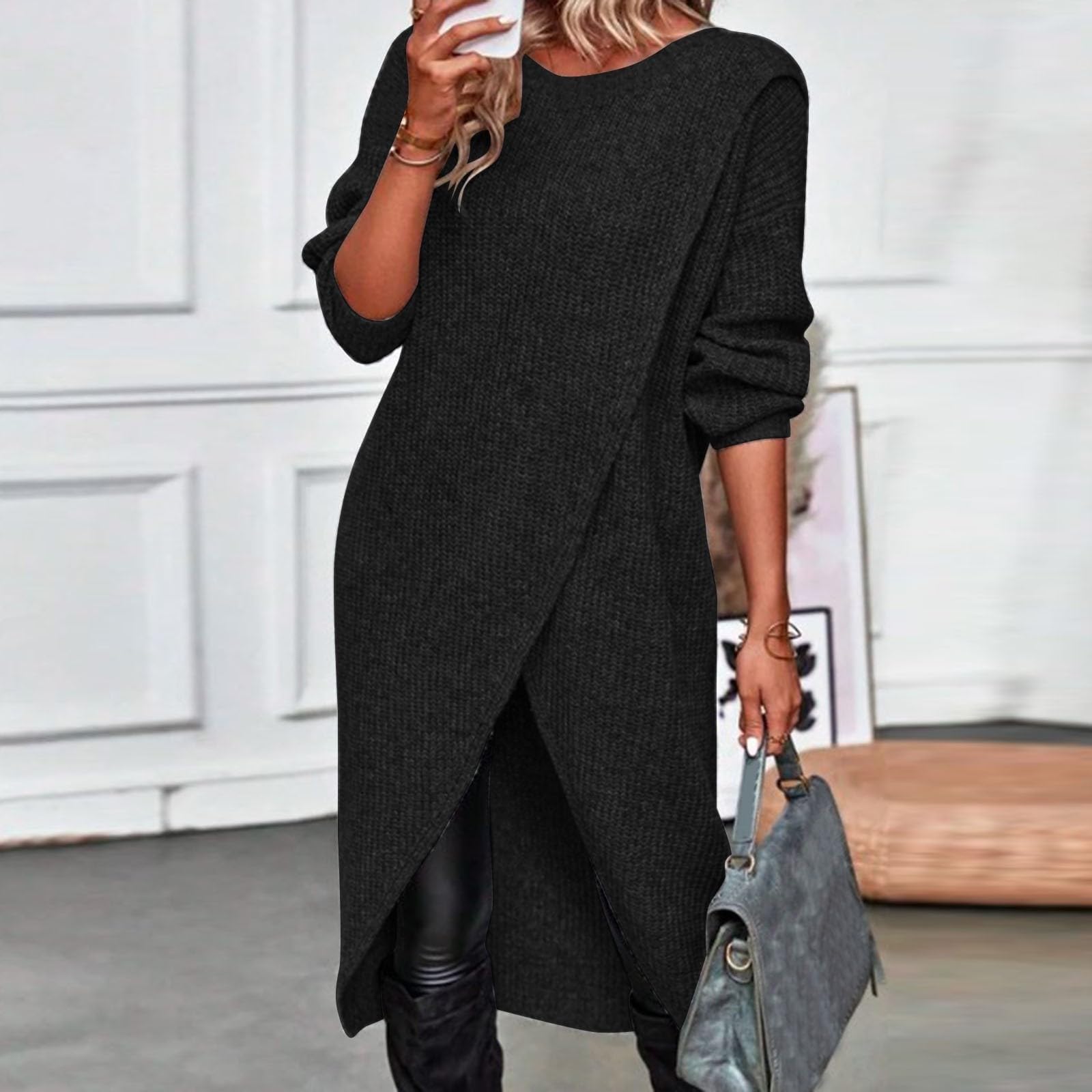 FUPODD Damen Strickkleid Winter Elegant Pulloverkleid Vorne Kurz Hinten Lang Pullover Winterkleid Warm Lässig Pullikleid Grobstrick Strickkleider Einfarbig Longpullover Frauen Dicke Winterkleider