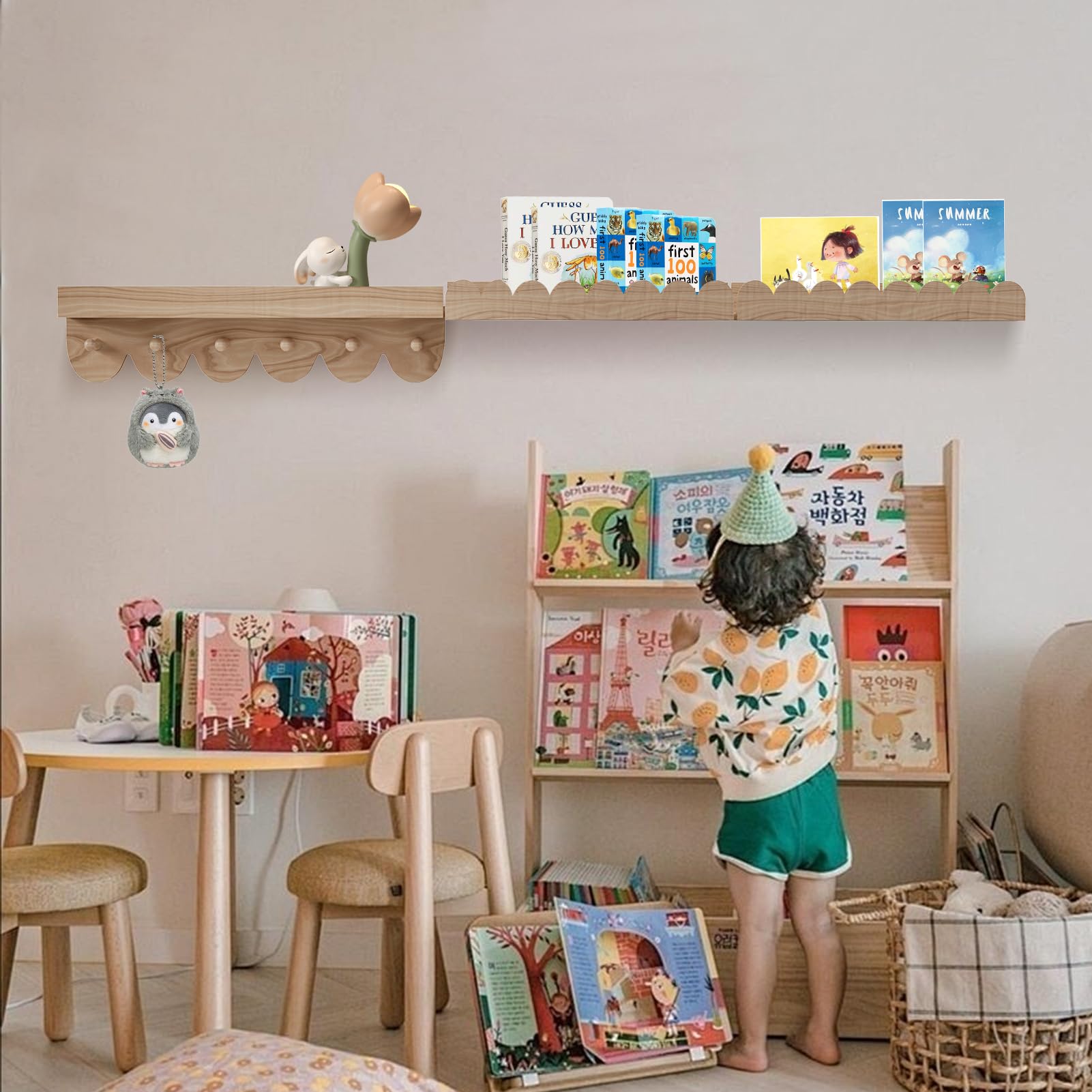 Emooncn Wooden Nursery Book Shelves with Round Hooks,Set of 3 Nursery Shelves Baby Floating Shelves Book Shelf Toys Storage Organizer Wall Bookshelf for Kids Bedroom Living Room,Easy to Hang - Image 2