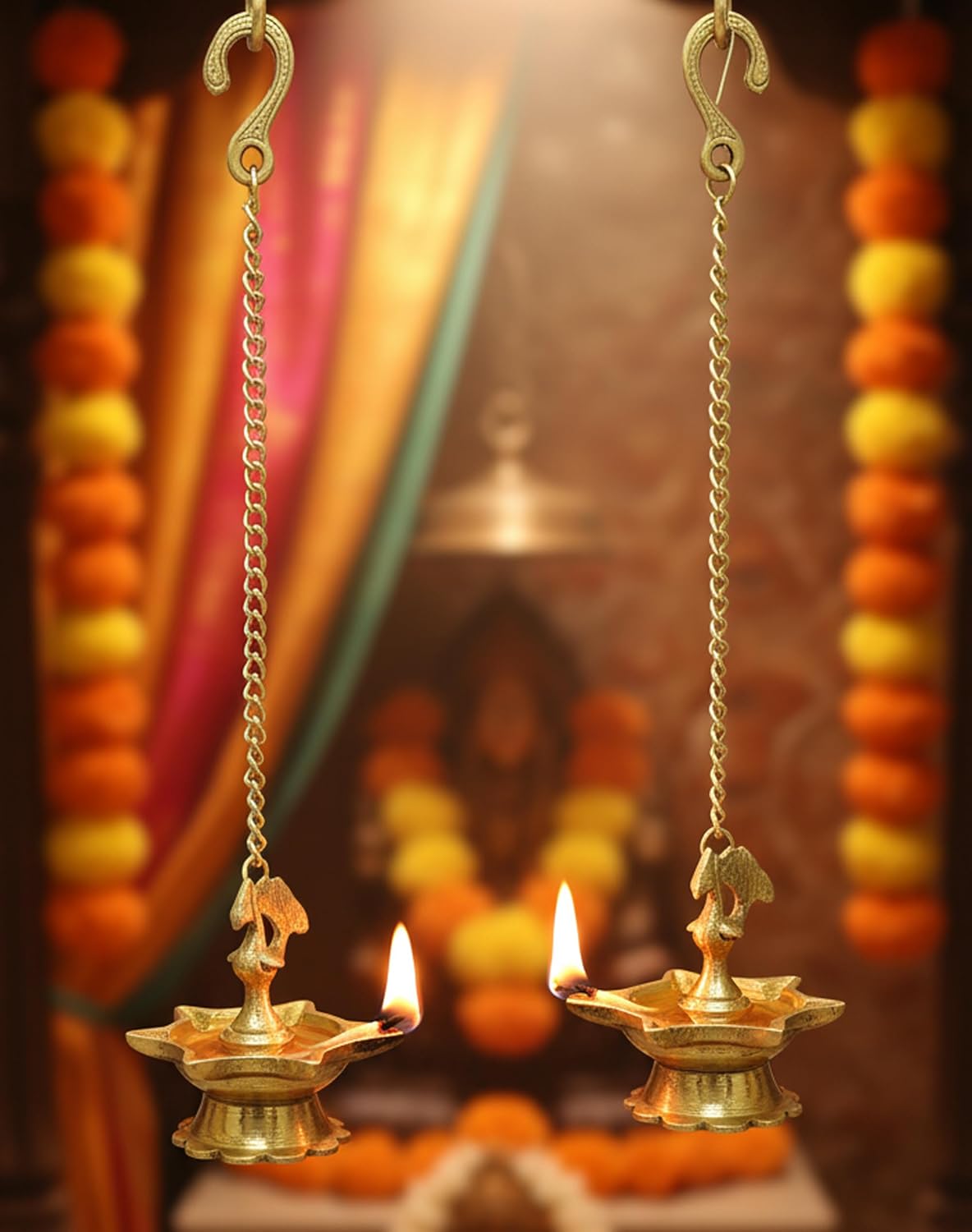 eSplanade - Krishna Wall Hanging Brass Diya with Bells | Oil Lamp | Home Decor | Diya, Deepak, Deepam (Peacock Diya Pair)