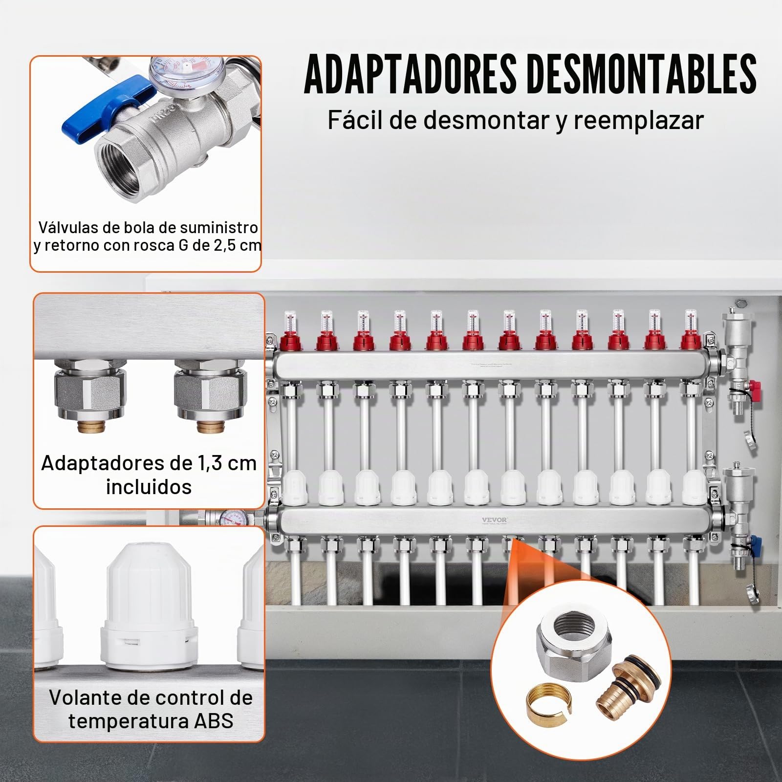 VEVOR Colector de Calor Radiante de 12 Derivaciones, Colector de Tubería PEX de Acero Inoxidable SUS304 para Calefacción por Suelo Radiante Hidrónico, con Adaptadores, 780 x 370 x 110 mm, 0-5 L/min