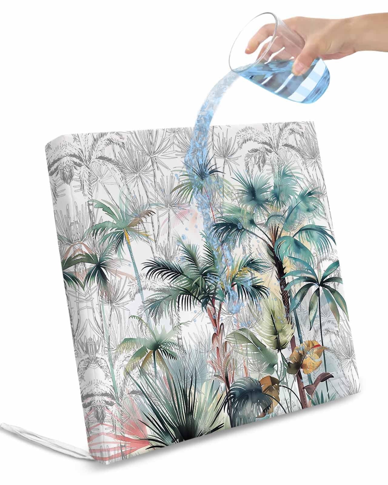 Homechoid Teal Green Palm Tree Indoor Outdoor Couch Cushion Covers Replacement 2 Pack, Summer Tropical Coconut Plant Modern White Waterproof Chair Sofa Seat Cover with Ties 22x22x4