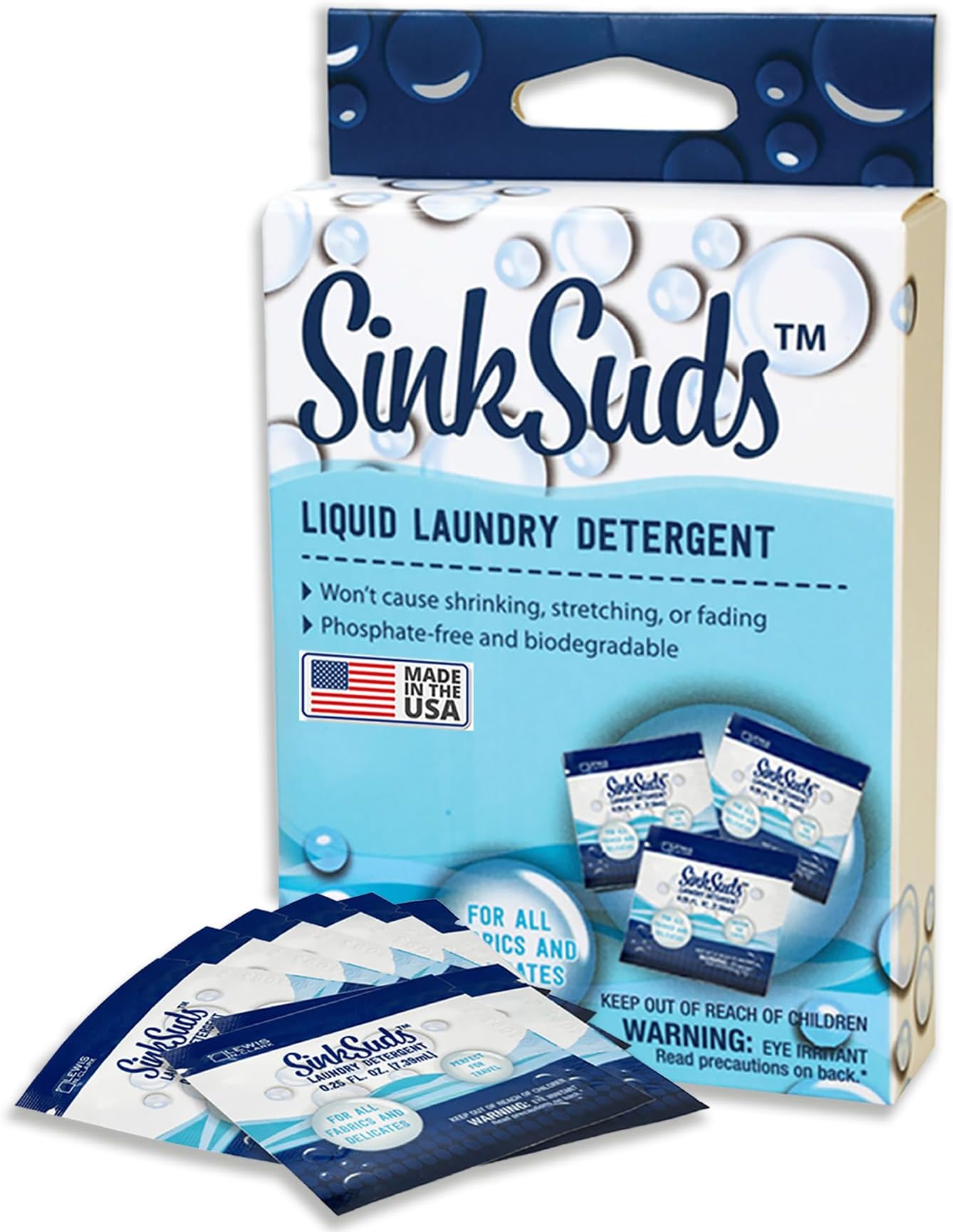SinkSuds Laundry Detergent, Travel Size Liquid Soap, TSA Compliant, Safe For All Fabrics, 8 Packets (Packaging May Vary)