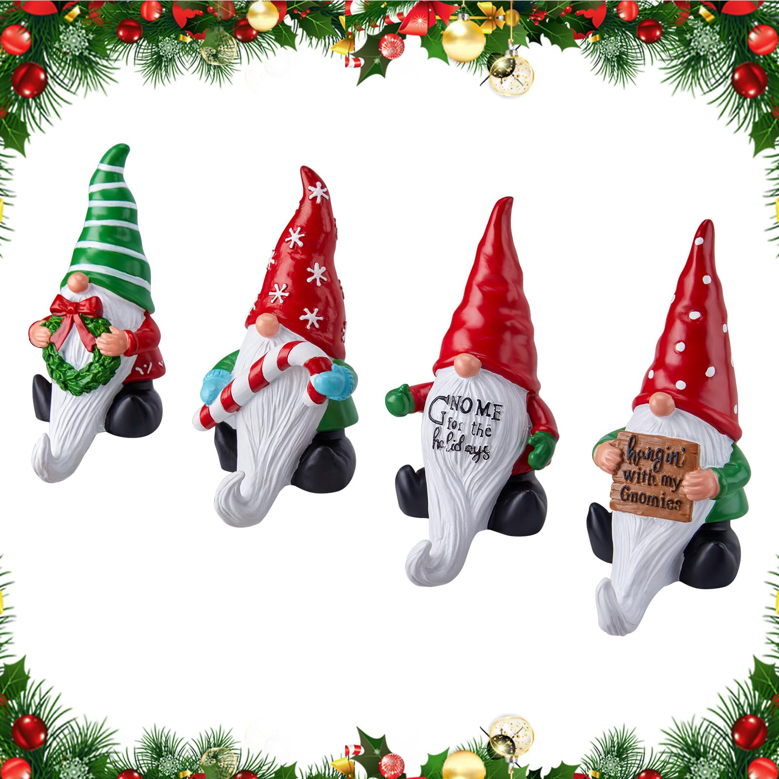 Christmas 3D Gnome Mantle Stocking Holders, Set of 4 Hand-Painted Hooks for Mantel, Weighted Non-Slip Fireplace Holders for Home Holiday Indoor Decoration
