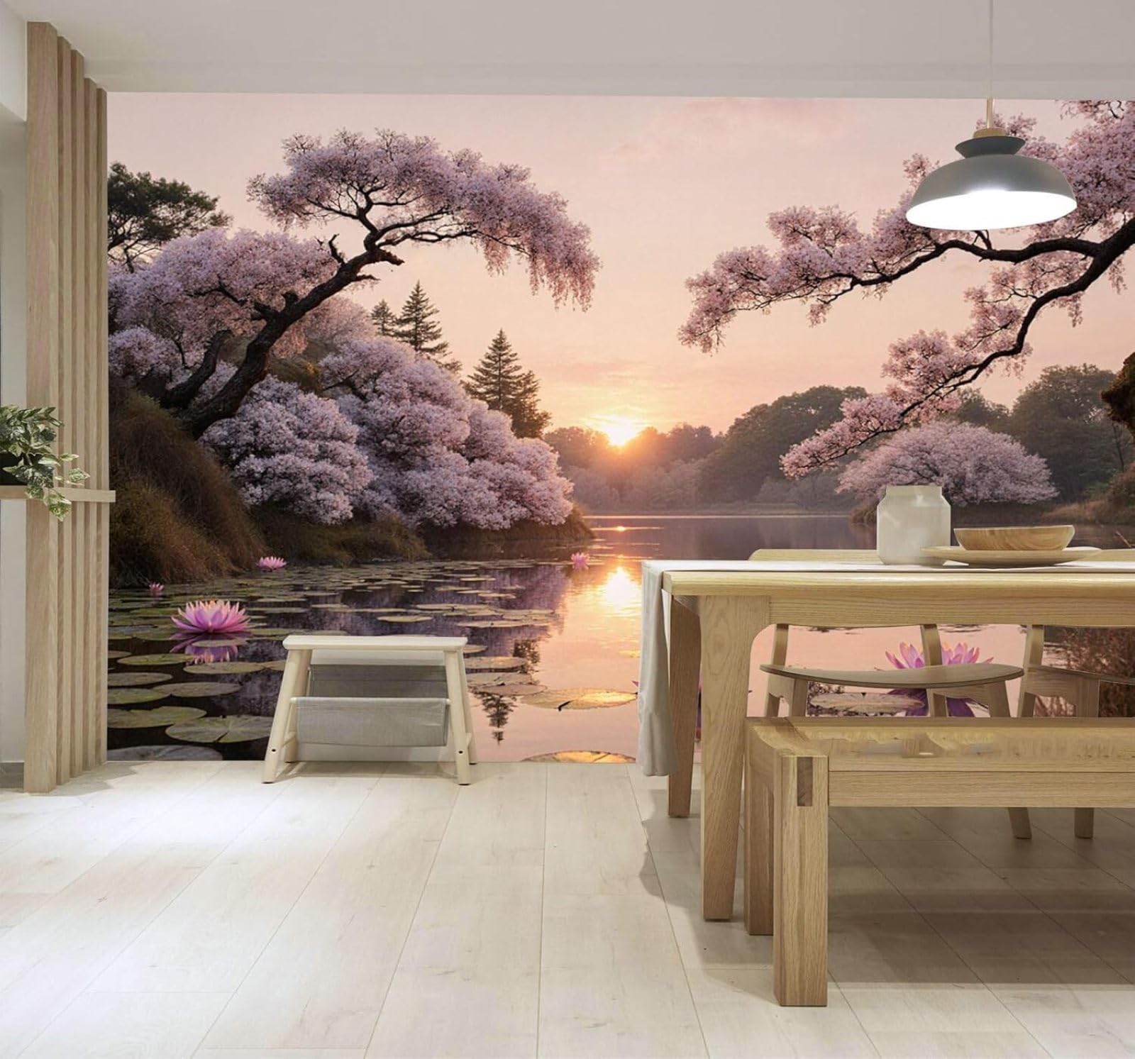 3D Carta da Parati Albero Ciliegio In Fiore Lago Ninfee Tramonto Paesaggio