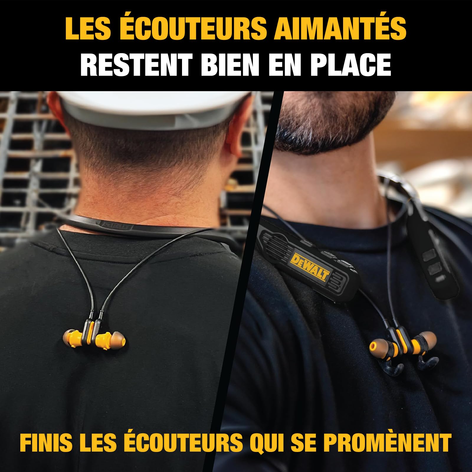 DEWALT Casque Tour de Cou Bluetooth Robuste 2 en 1 avec Haut-parleurs intégrés, Haut-Parleur Portable de Chantier et Casque Tour de Cou, Casque Bluetooth sans Fil, autonomie de Plus de 60 h, Noir