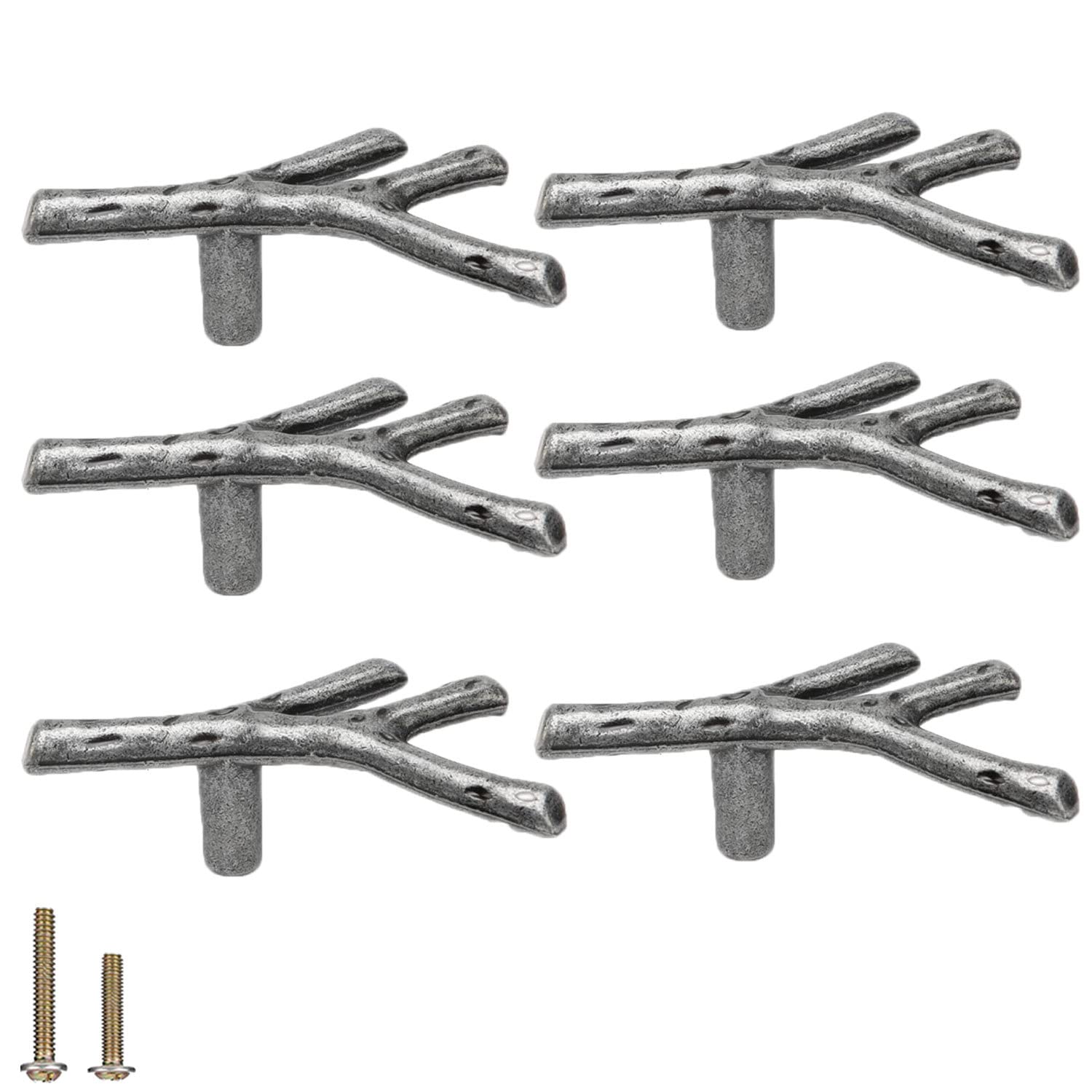 Sinyiol Antique Silver Branch Knob 6Pcs Bronze Vintage Tree Twig Branch Cabinet Knobs Pull Handles With 2 Sizes Screws,Zinc Alloy Drawer Handle For Mountain House Kitchen Cupboard (Single Hole, )