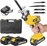 FULLYEA Cordless Reciprocating Saw 0-3500 SPM with 2x2.0Ah Batteries, 4 Blades, Tool-Free Change - Lightweight for Wood, Metal, PVC Cutting (Yellow)