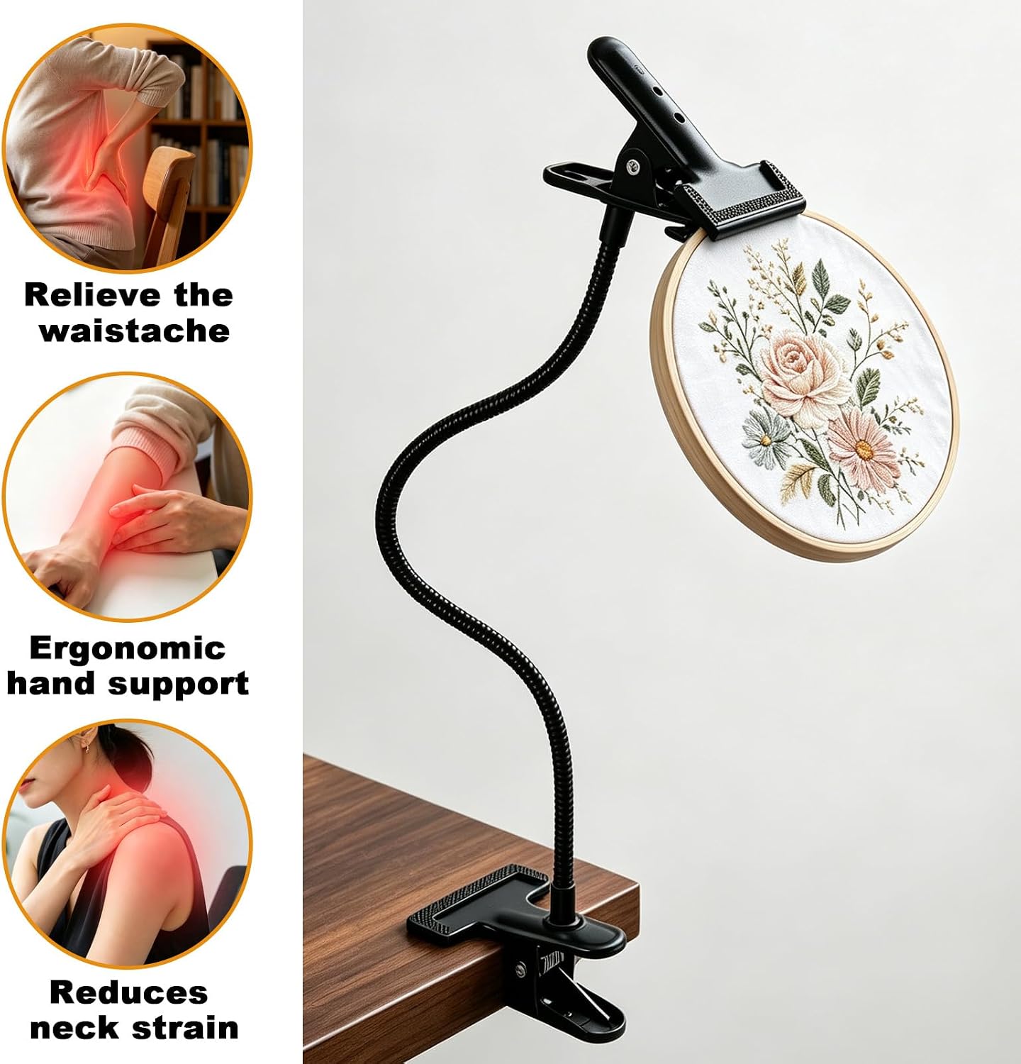 20" Extra Long Embroidery Hoop Stand, Adjustable Gooseneck Cross Stitch Stand with Table Clamp, 360° Rotating Needlepoint Embroidery Holder for Sewing DIY Needlework Craft Projects