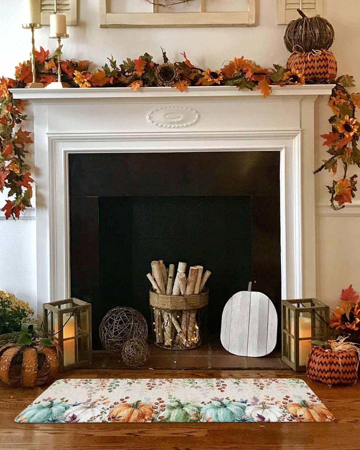 Fall Kitchen Rugs Set of 2 Harvest Pumpkin Kitchen Rug and Mats Set Non Slip Floor Mats for Sink Laundry Green Eucalyptus Leaf Thanksgiving Decorative Doormat Absorbent Runner Rug 18"x 30"+18"x 47"