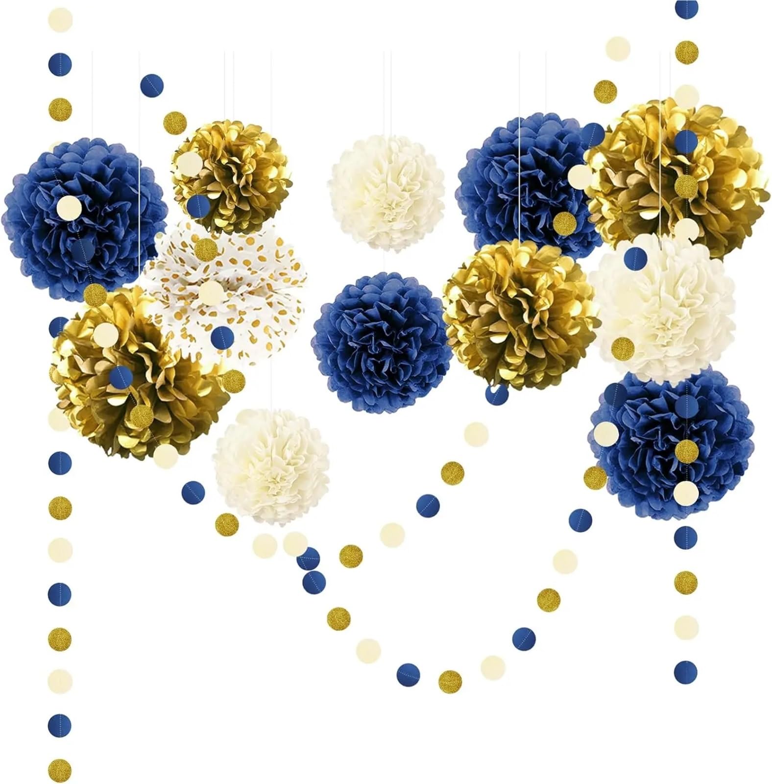 Paper Pom Poms 15Pcs Blue Gold Beige Tissue Paper Pom Dots Garlands for Birthday Wedding Party DIY Decorations