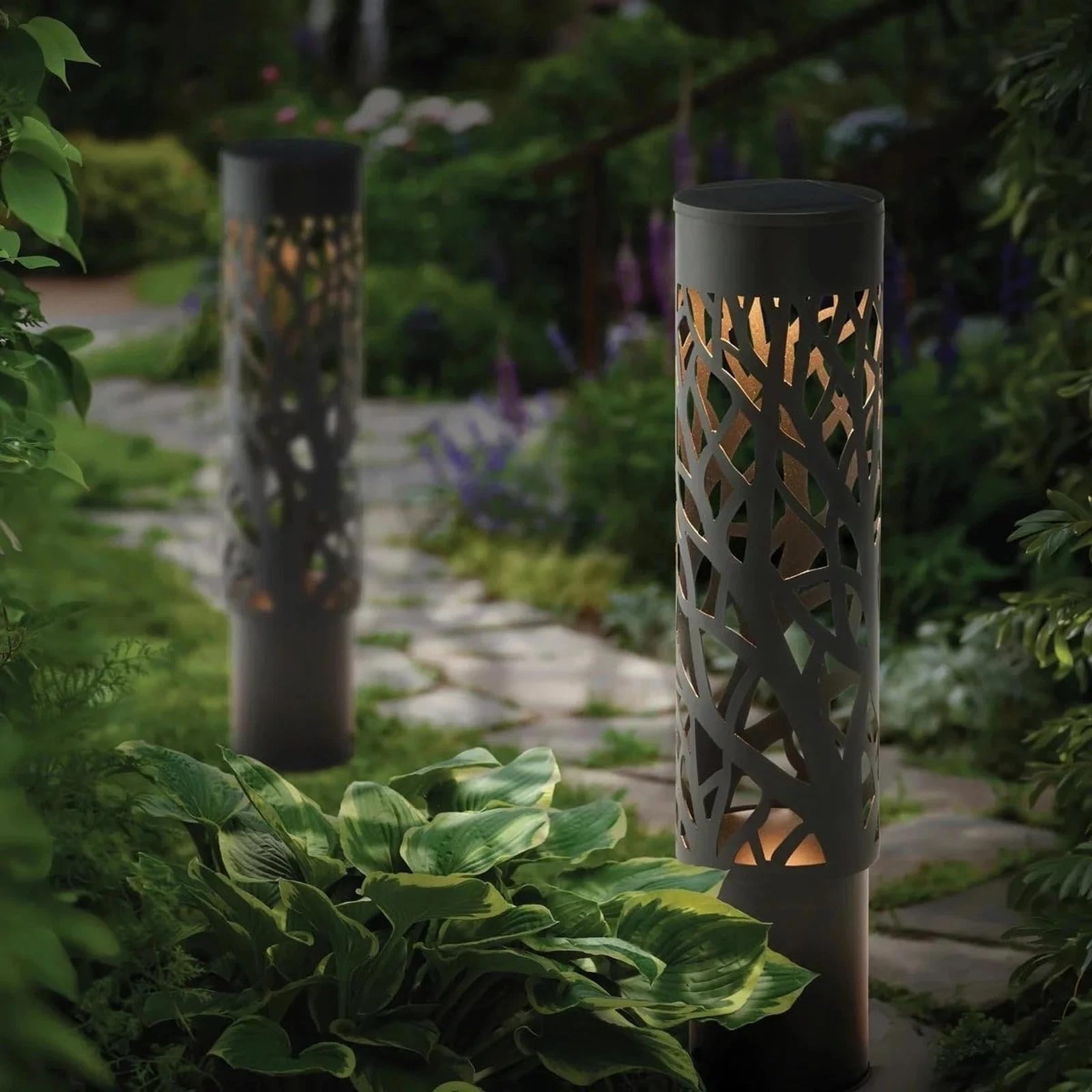 Solar LED Bollard Pathway Lights (2-Pack), Matte Black Heavy Duty Steel Outdoor Landscape Lights, Dusk to Dawn Automatic Path Lights with Decorative Shadow Effect for Garden, Driveway, Walkway, Patio