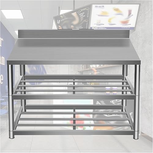 Mesa de cocina, mesa de trabajo de acero inoxidable comercial, mesa de preparación de cocina de 2 niveles, banco de trabajo de cocina resistente,