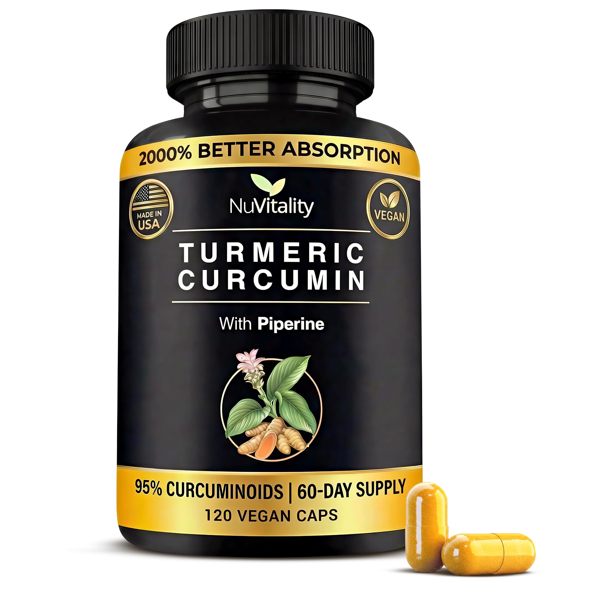 Turmeric Curcumin Supplement with Black Pepper Extract (BioPerine) - 95% Curcuminoids for Joint & Inflammation Support - Enhanced Absorption Vegan Turmeric Supplement - 120 Capsules