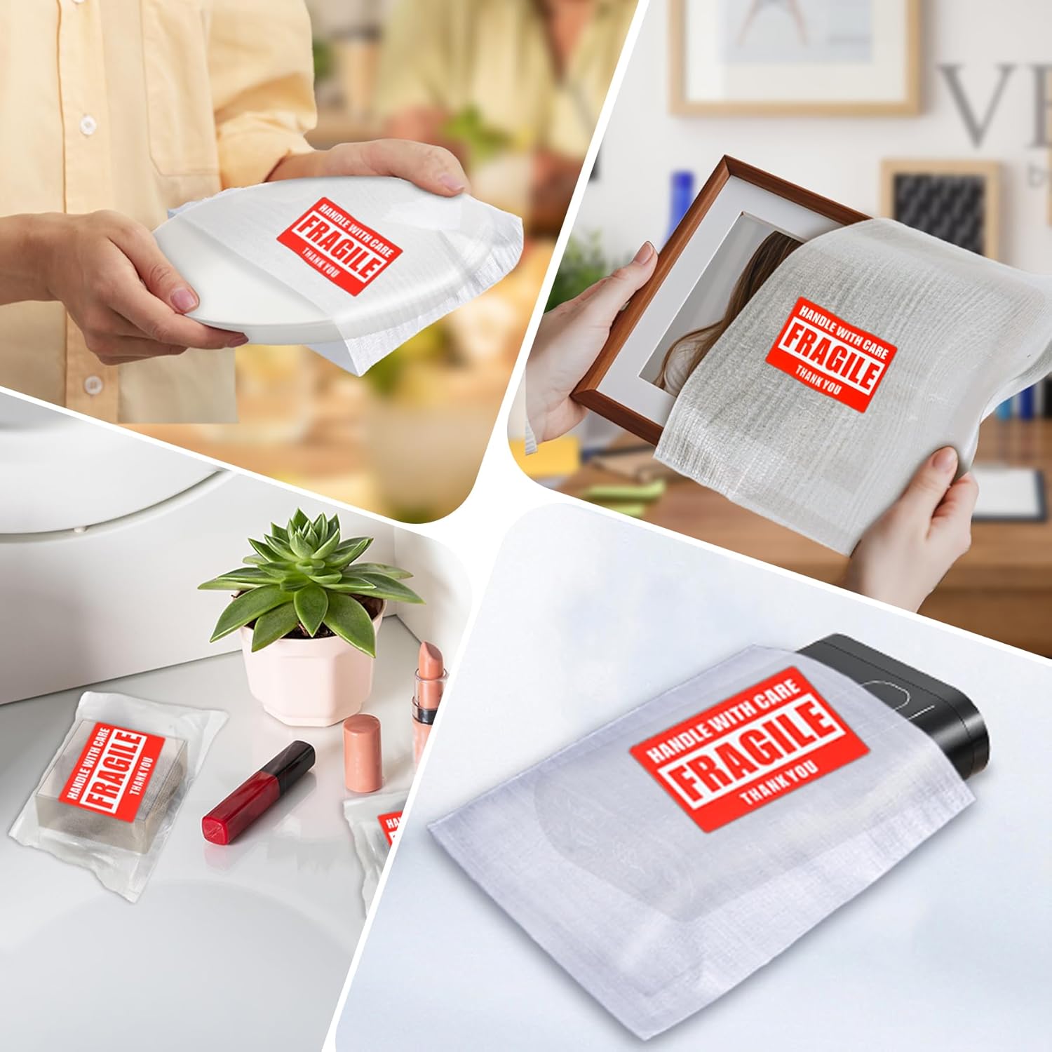 540Pcs Dish Packing Supplies for Moving, 270 Cushion Foam Wrap Pouches & Sheets 4 Sizes (16x12", 12x12", 12x7.8", 7.8x7.8") with 70 Fragile Stickers Plate Packing Sleeves for Fragile Shipping Storage