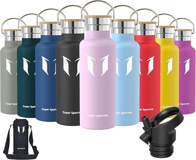 Super Sparrow Gourde Isotherme - Bouteille Isotherme - 350ml/500ml/ 620ml/750ml/1L - Étanche Sport Gourde INOX Bouche Standard - Gourde Enfant sans BPA- Pour Plein Air & Quotidien - Avec 2 Bouchons