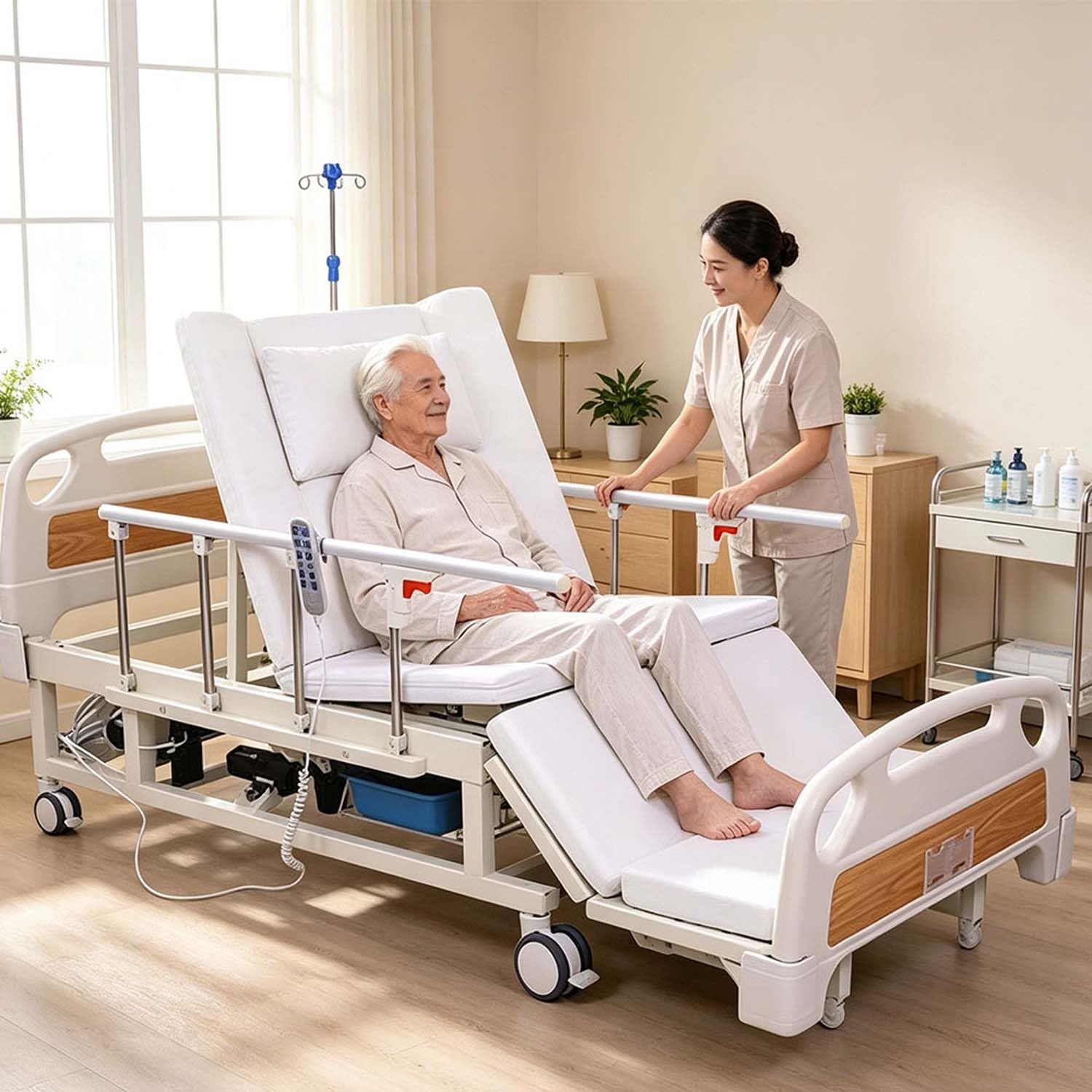 Lit médical électrique 10 fonctions réglables pour usage domestique, lit d'hôpital inclinaison latérale, dossier 0–70°, genouillère jusqu'à 155°, abaissement jambes 15°, inclinaison 0–45°