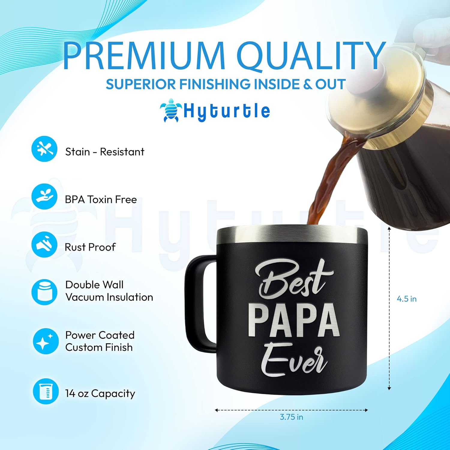 Hyturtle Best Papa Ever Coffee Mug 14 Oz And Keychain Gift For Dad, Black Tumbler Gift For Dad From Daughter, Son, Kids - Fathers Day - Birthday Gift Ideas For Daddy - Christmas Gift For Father, Men