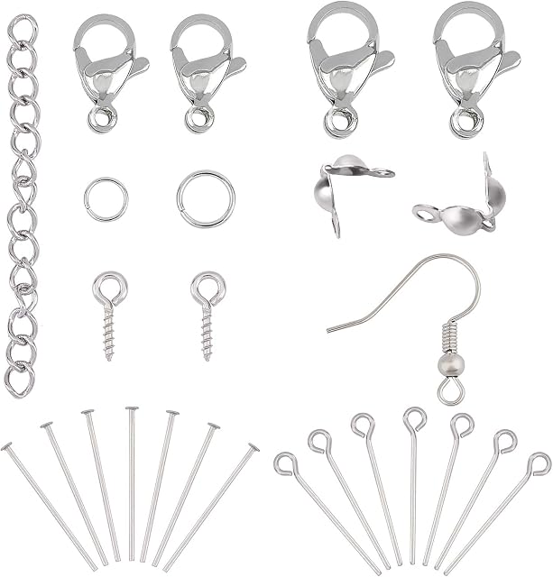 UNICRAFTALE about 450pcs DIY Jewelry Making Kit Stainless Steel Lobster Claw Clasps with Jump Rings, Screw Eye Pin Peg Bails, Bead Tips, Eye Pin, Flat Head Pins, Chain Extender and Earring Hooks