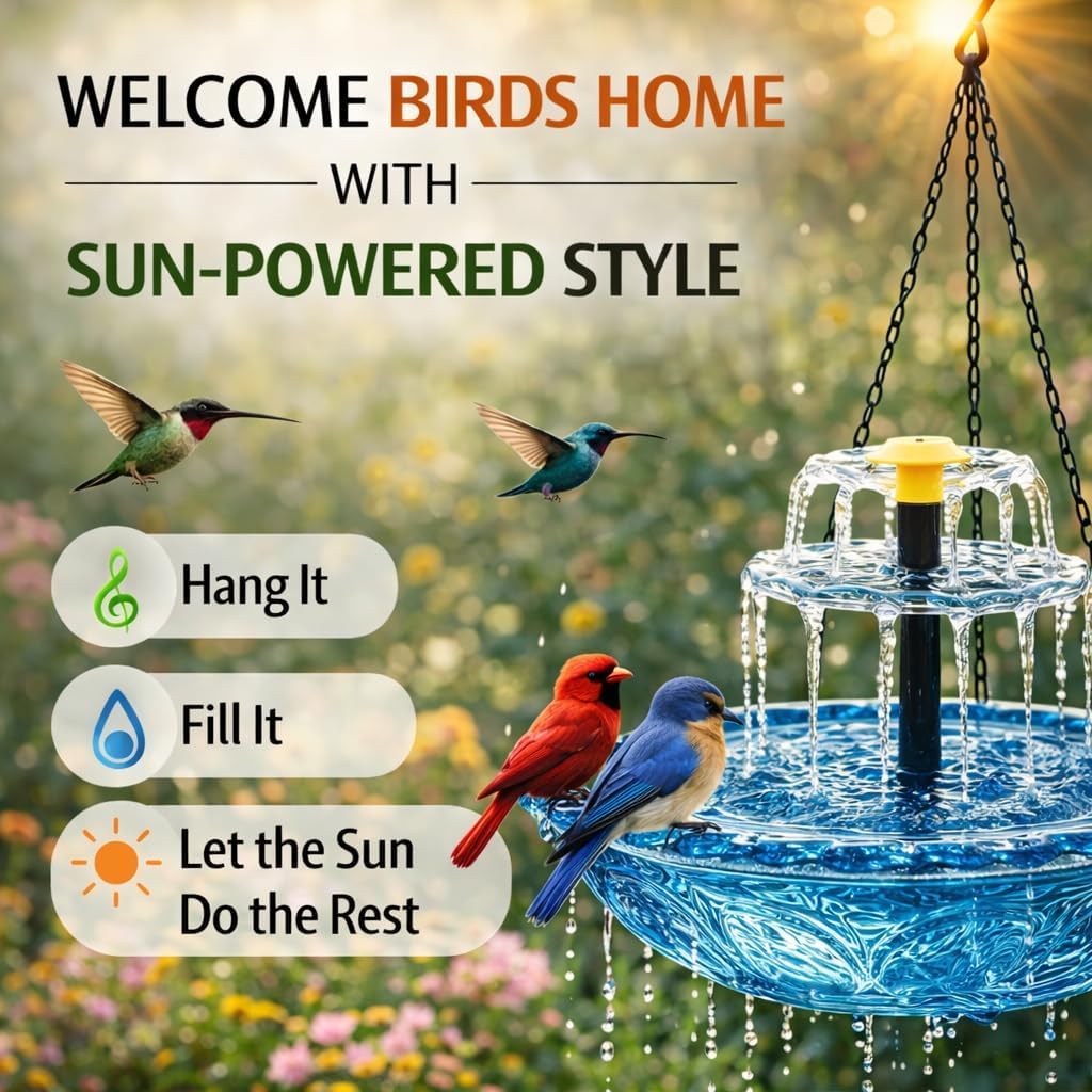 2026 New Solar Cascade Hanging Bird Bath Fountain, 2 Layer Cascading Bird Bath Fountains with Solars Pump & Glass Bowl, for Outdoor, Gardens (2 PCS)