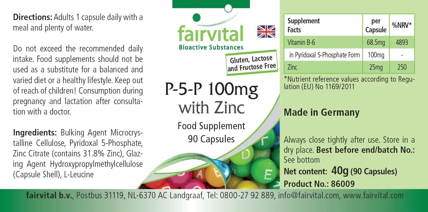fairvital Pyridoxal-5-phosphate 100mg, 270 gélules (90x3), vitamine B6 active P-5-P avec du zinc, HAUTEMENT DOSÉE & VÉGÉTALIENNE