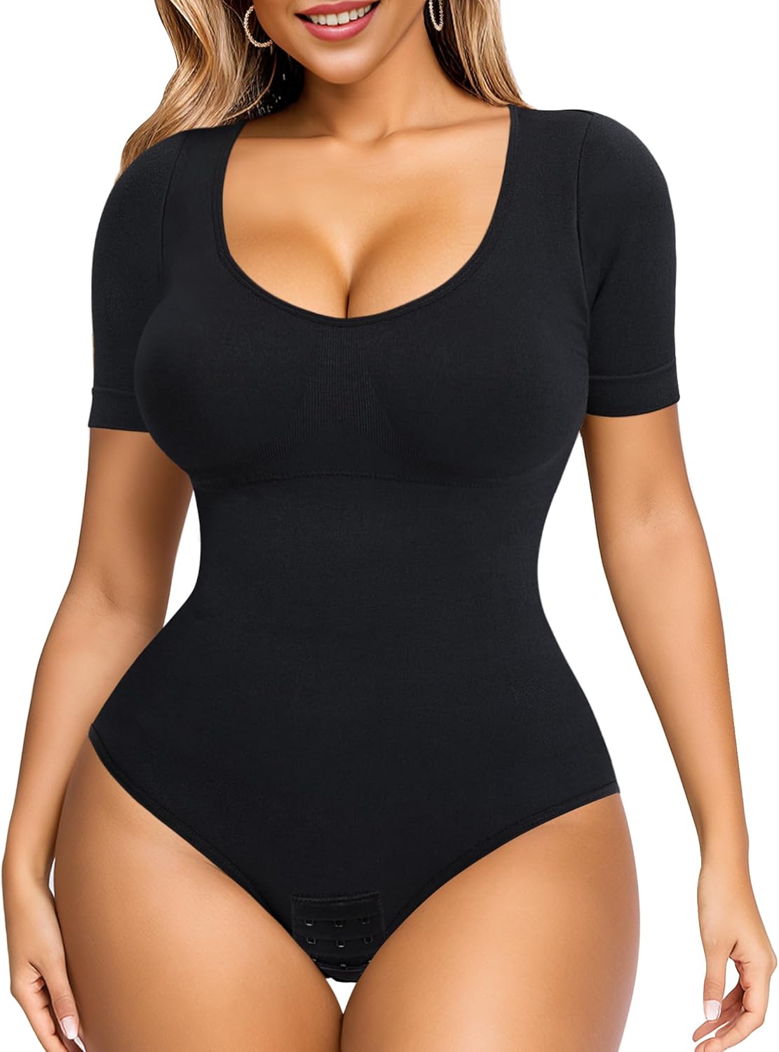 Irisnaya Seamless Bodysuit for Women Tummy Control Shapewear Round Neck Body Shaper Short Sleeve Jumpsuit Top Going Out Shirt
