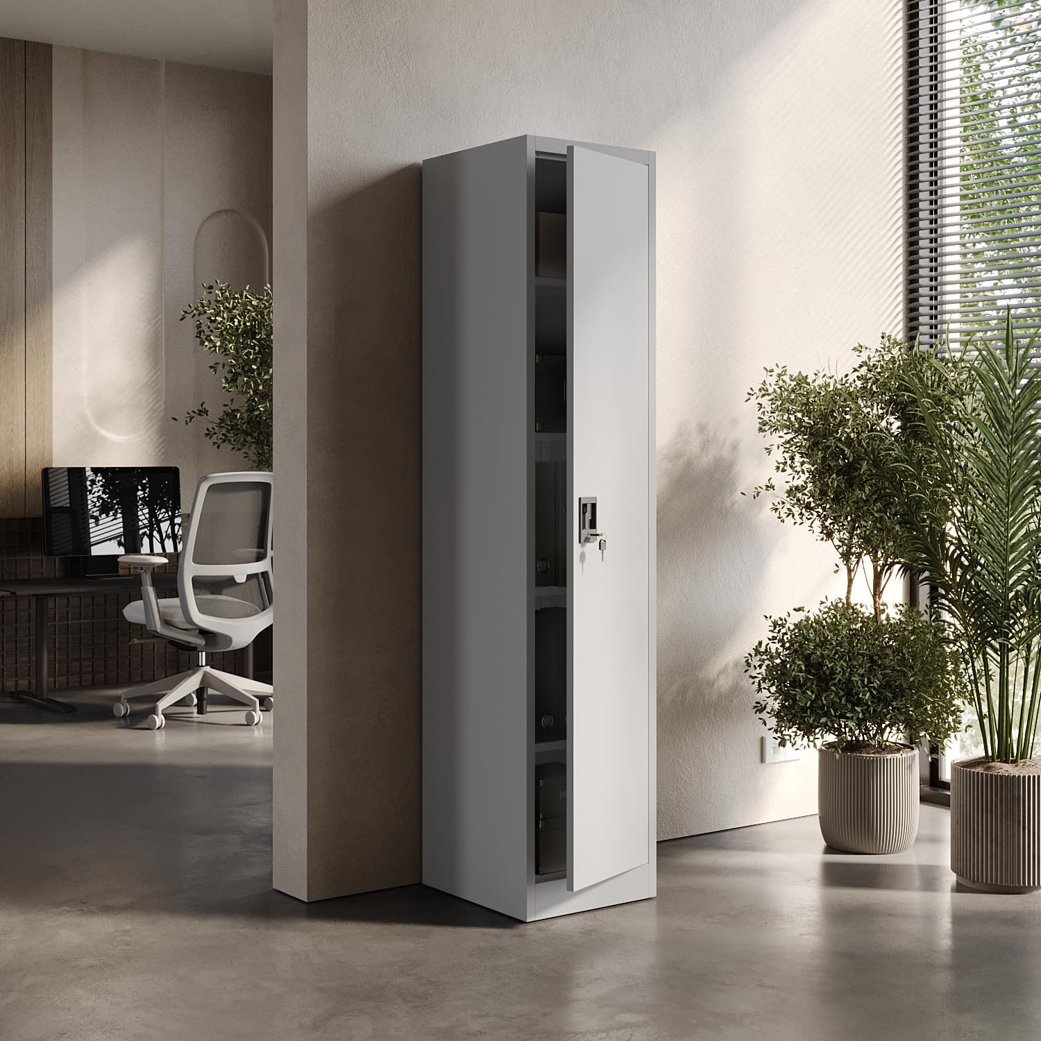 murando - Aktenschrank mit 4 Fachböden, Metallschrank Abschließbar, Büroschrank, Mehrzweckschrank, Pulverbeschichtet - 185x40 cm x 40 cm tief, Hellgrau