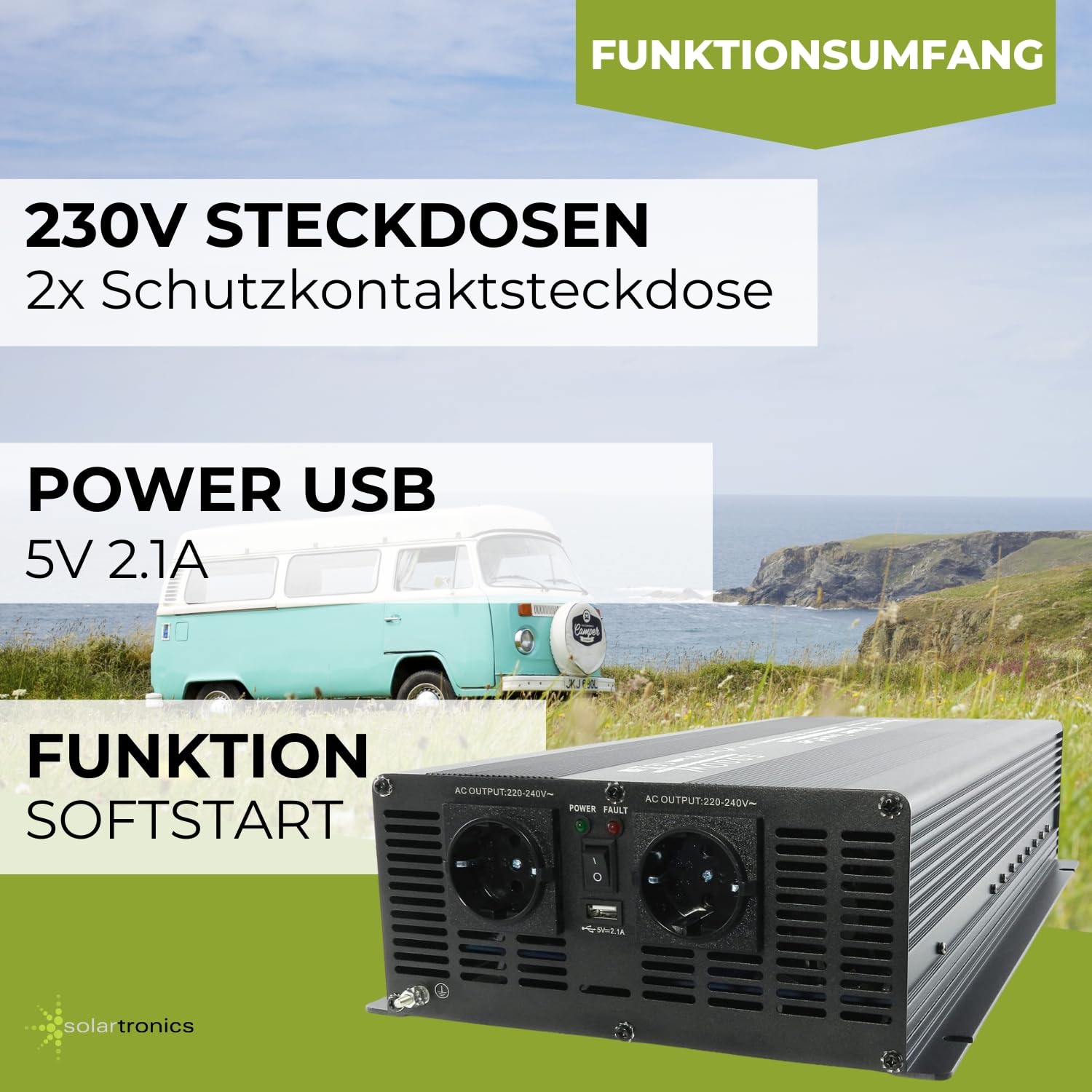 SOLARTRONICS Przetwornica napięcia NM5000 12 V 5000 W czarna - moc szczytowa 10000 W - falownik 12 na 230 V - kompatybilny z bateriami ołowiowymi lub AGM - ze złączem Schuko i USB